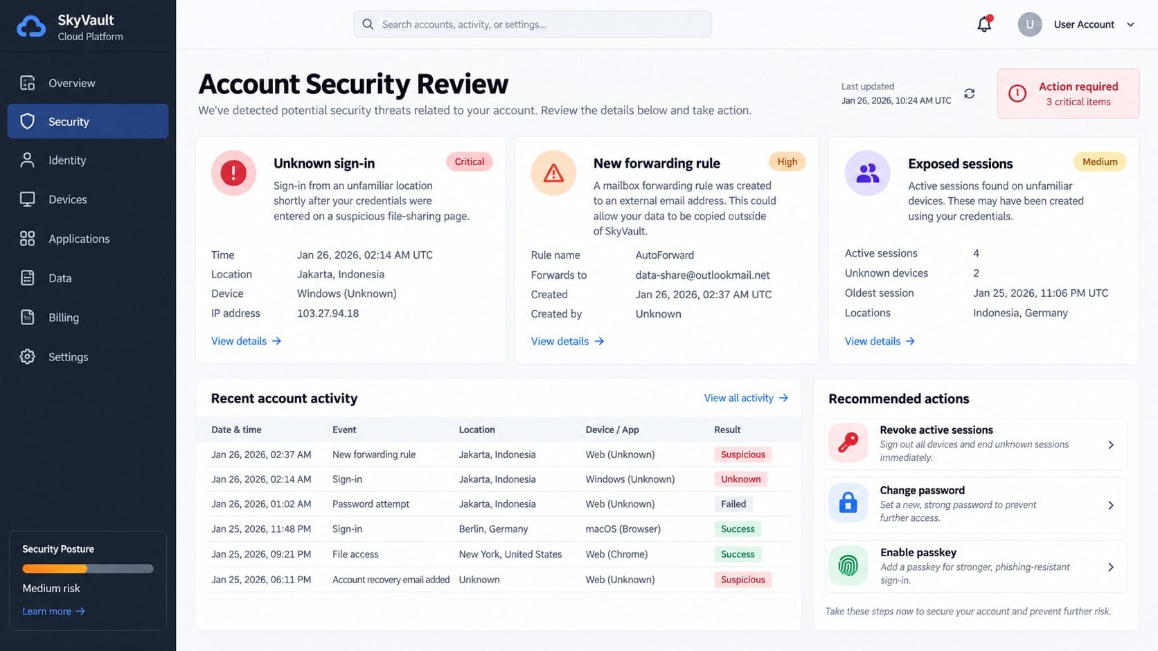 Cloud account security review showing an unknown sign-in and forwarding rule