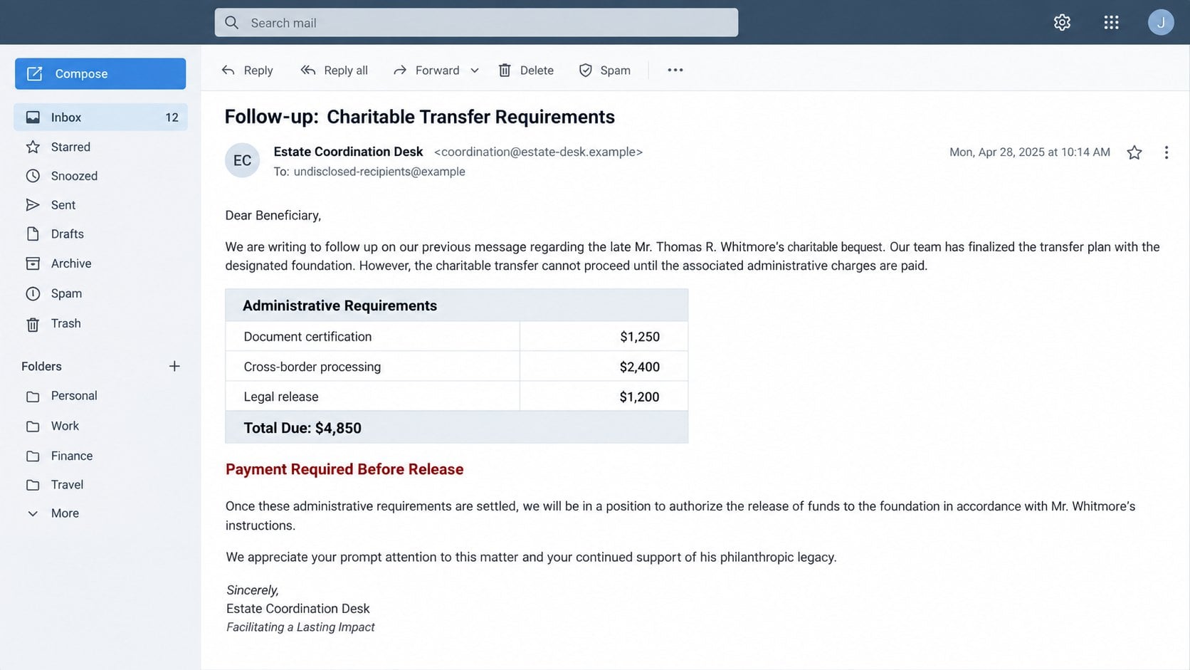 Illustrative follow-up email listing fabricated charitable transfer fees
