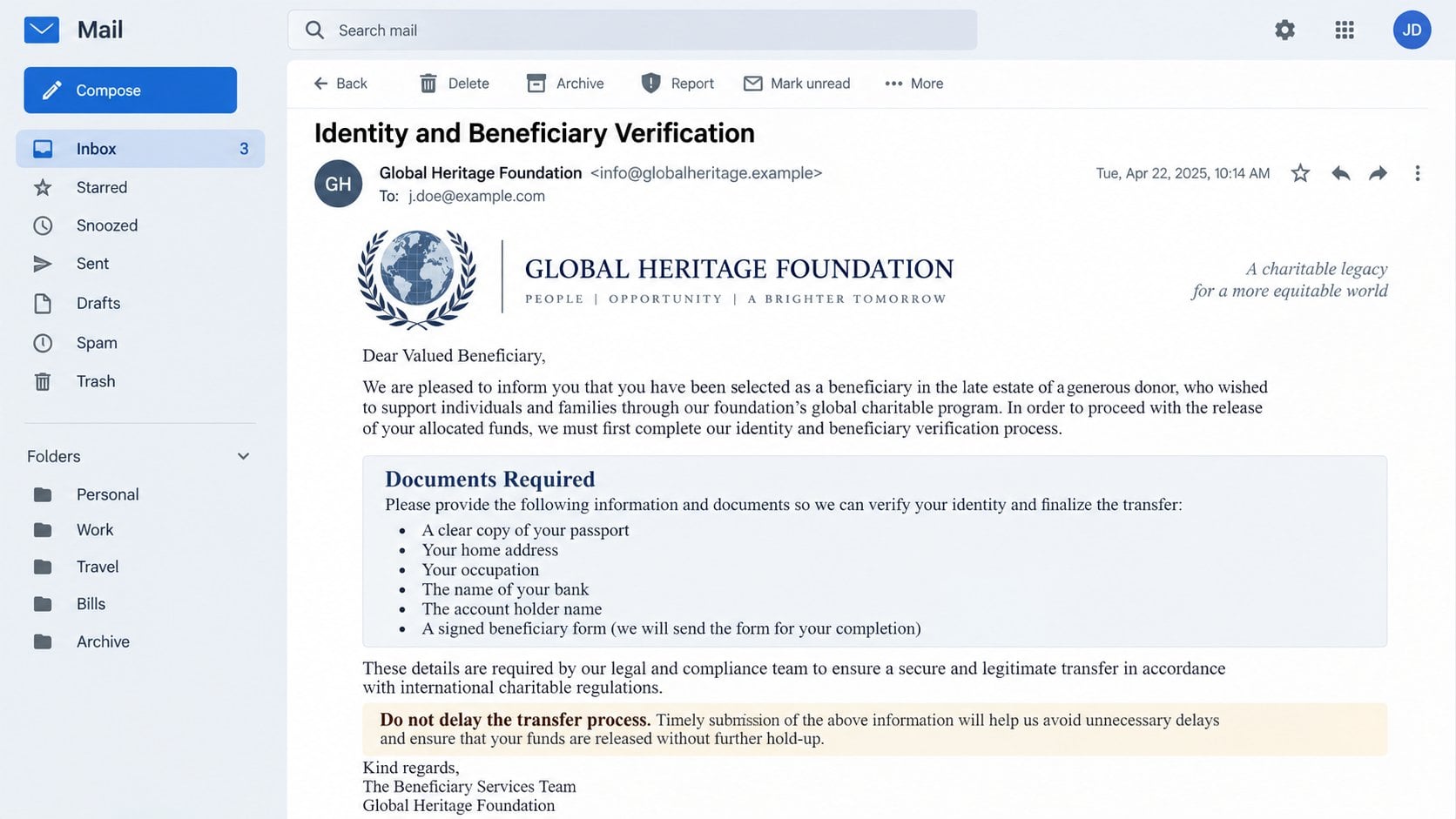 Illustrative inheritance fraud email requesting identity and banking information