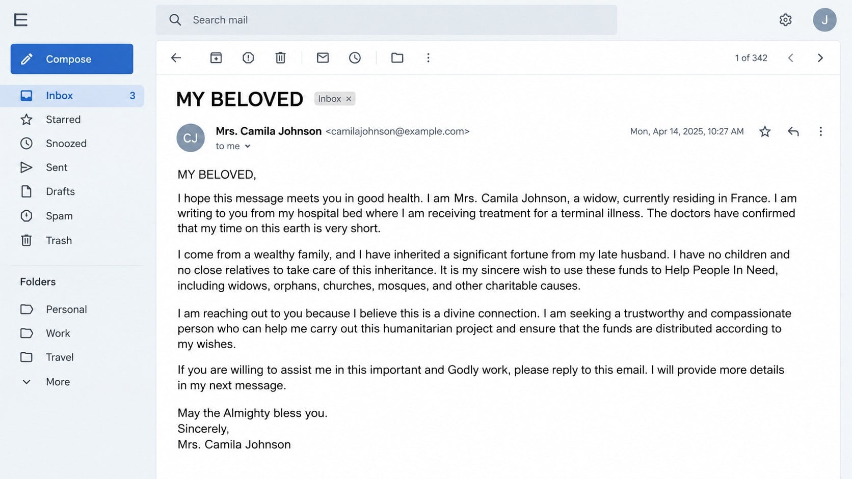 Illustrative Help People in Need email from a supposed wealthy widow