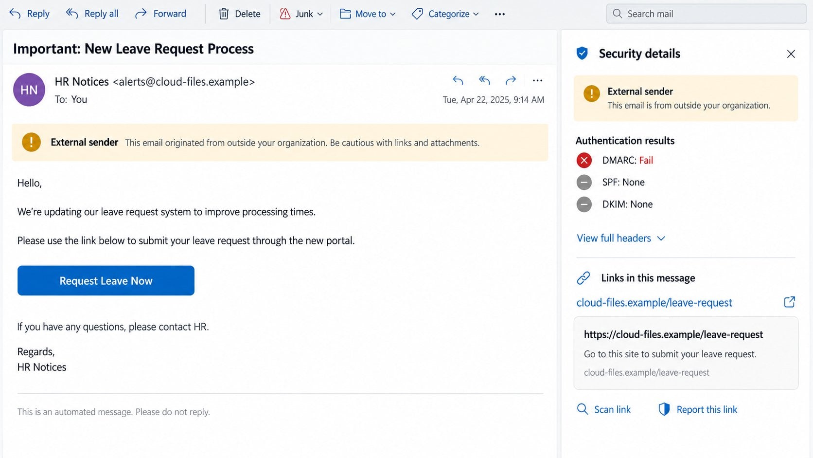 Illustrative security details exposing an external HR notice sender