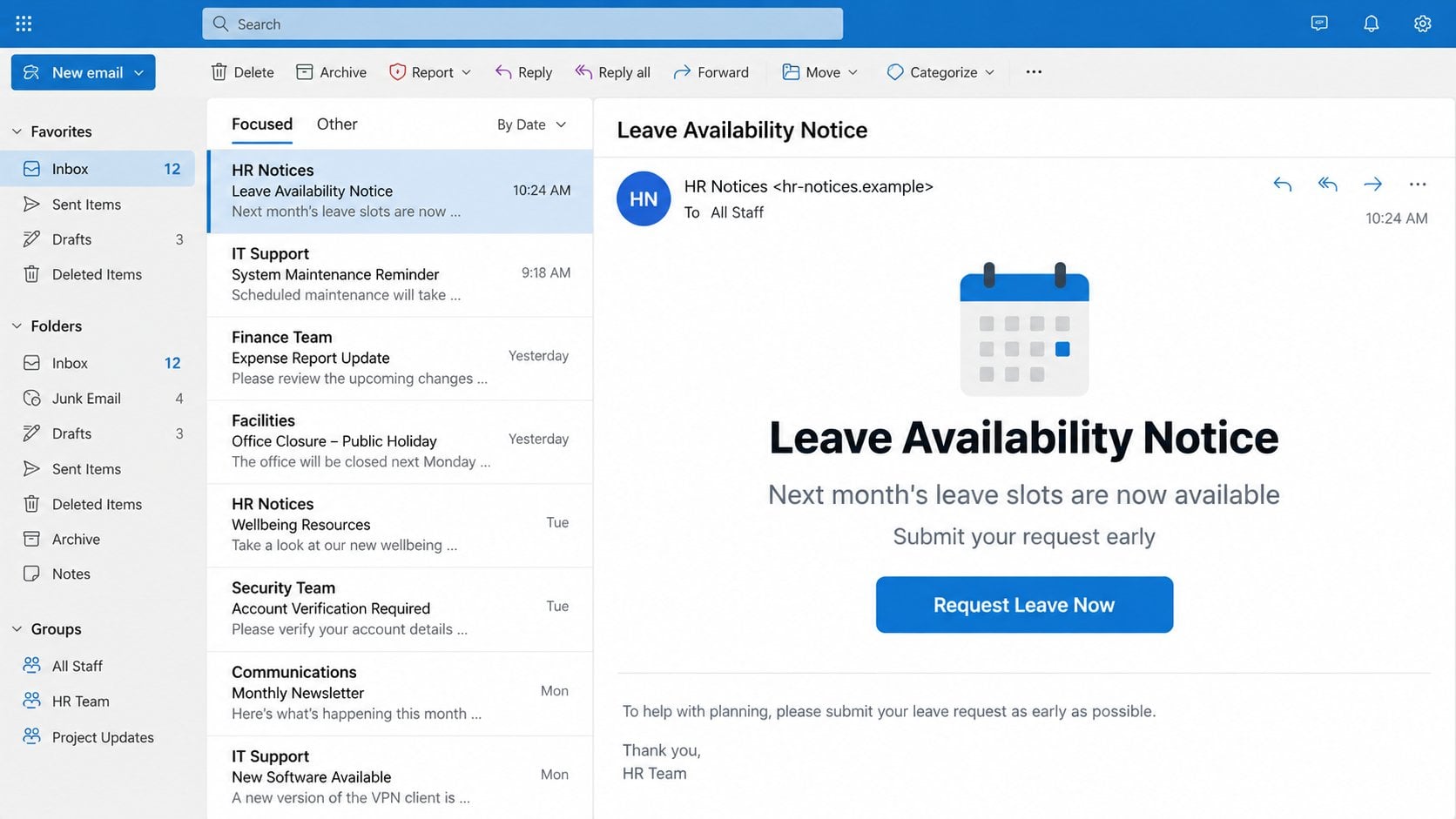Illustrative Leave Availability Notice phishing email