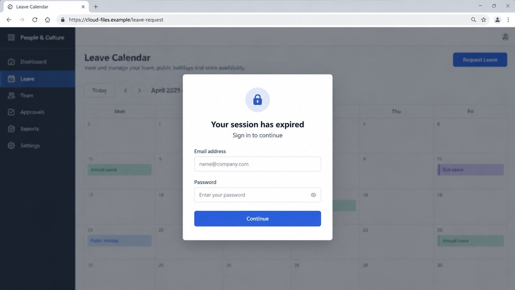 Illustrative fake expired-session login opened by a leave notice