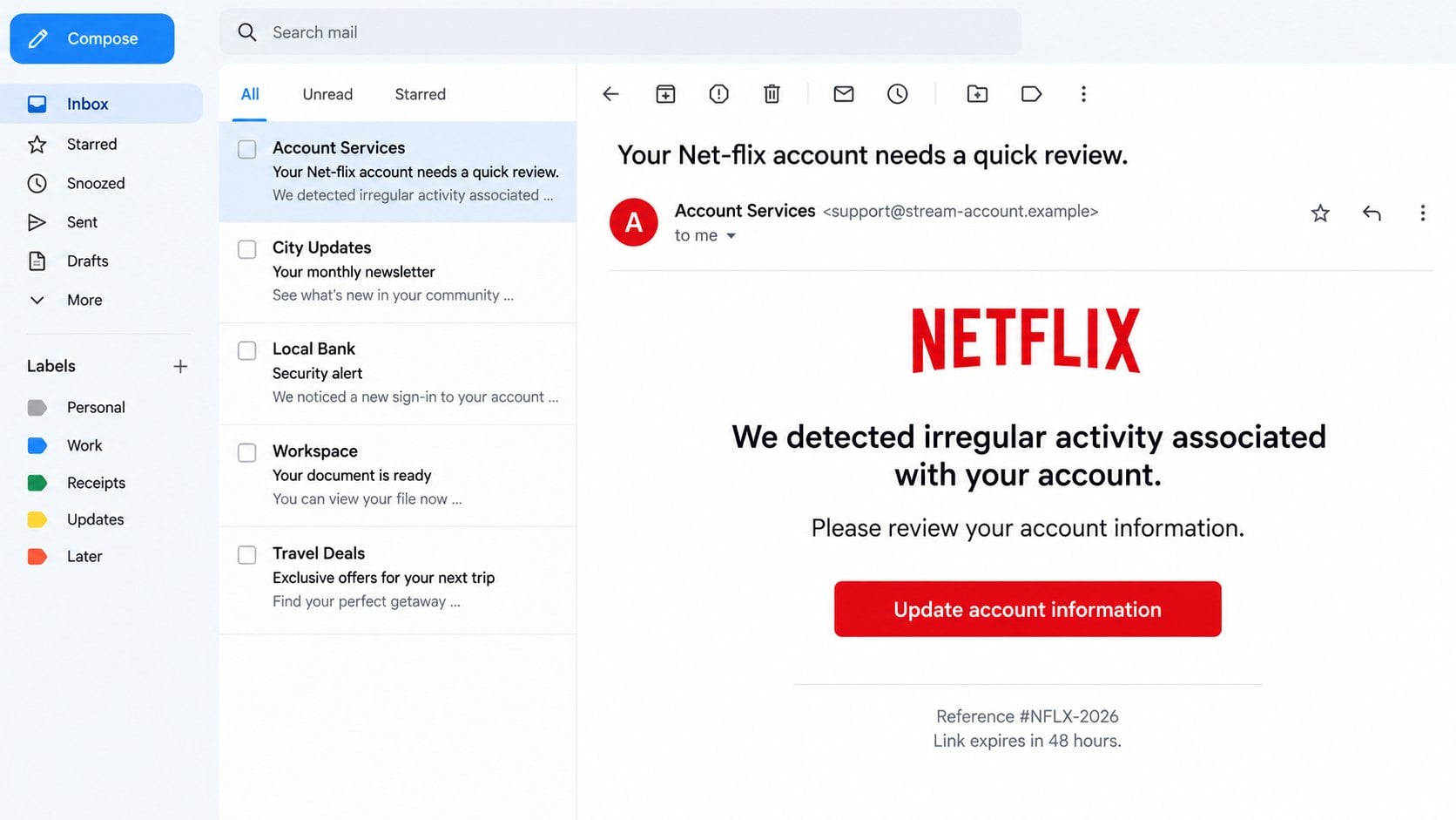 Illustrative Netflix irregular account activity email with a 48-hour notice