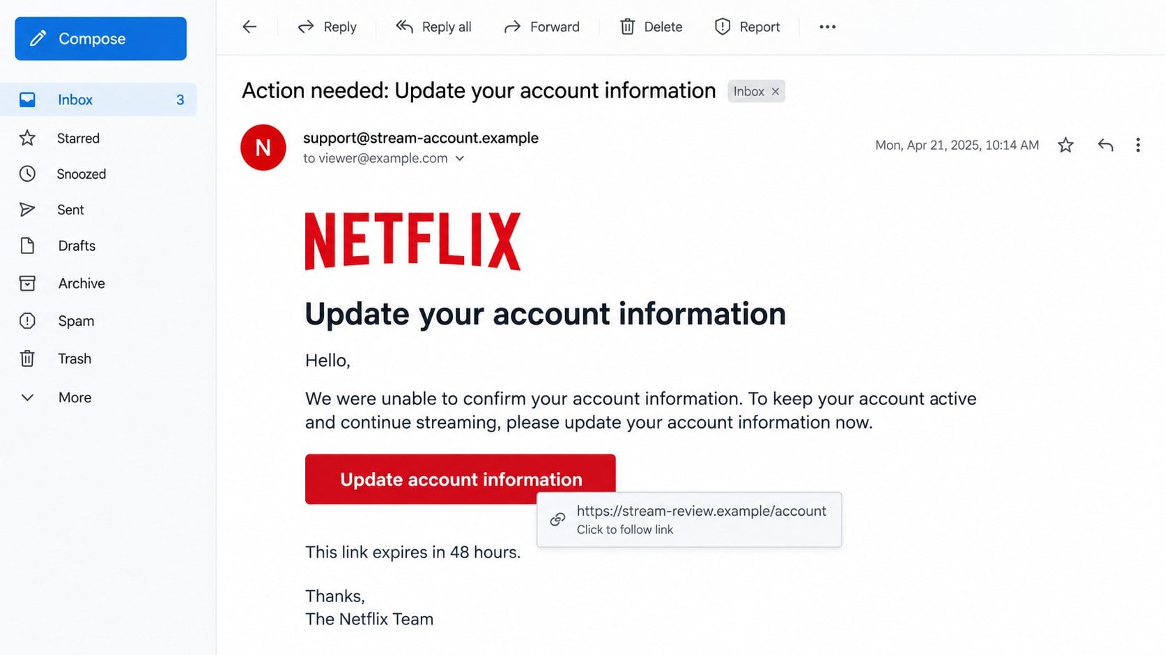 Illustrative Netflix account-update button and fictional link preview