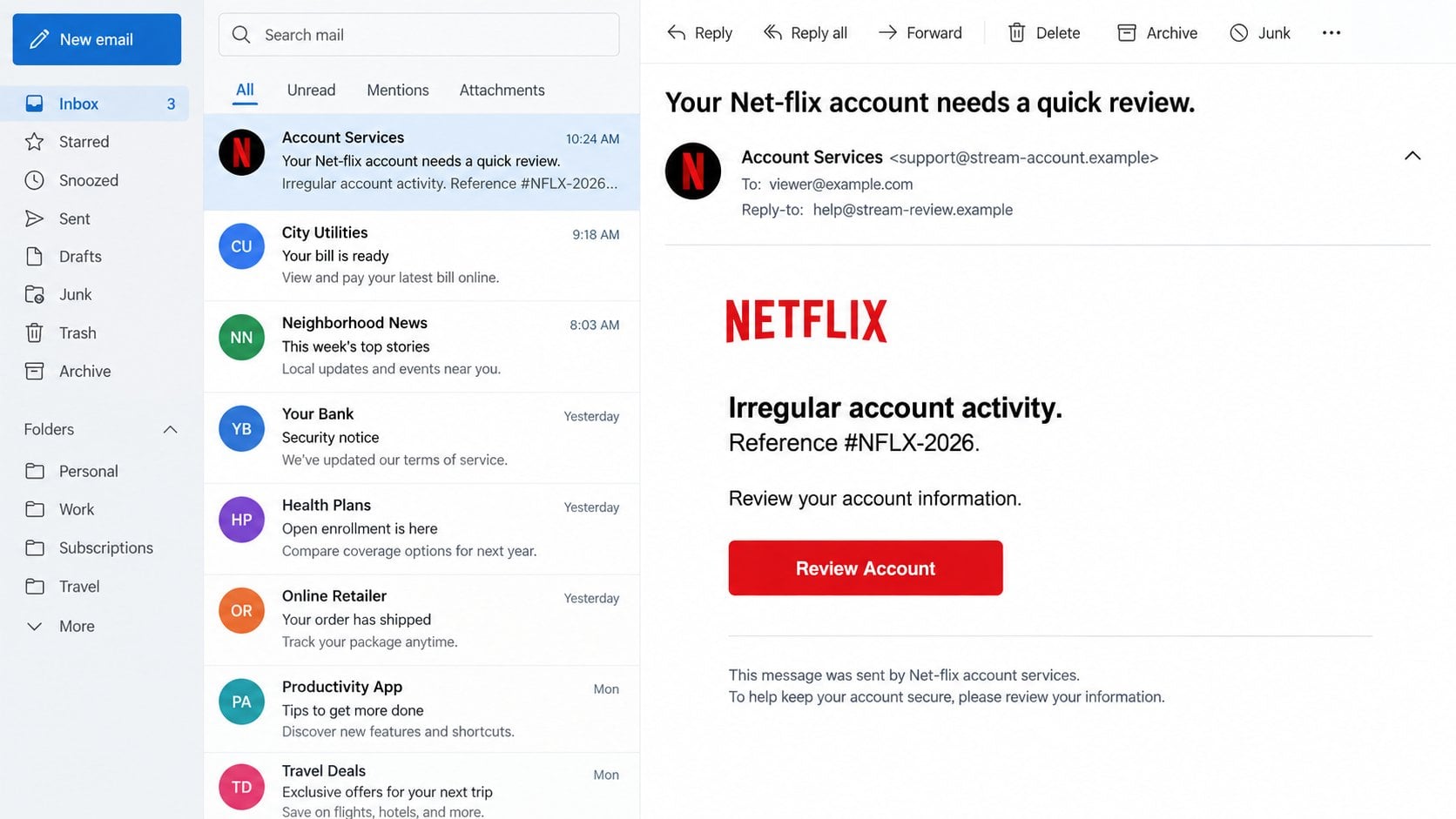 Illustrative expanded sender details for a Netflix irregular-activity warning