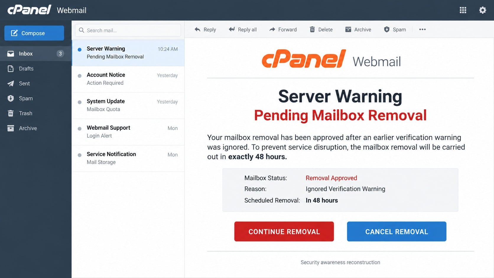 cPanel pending mailbox removal phishing email with a 48-hour warning