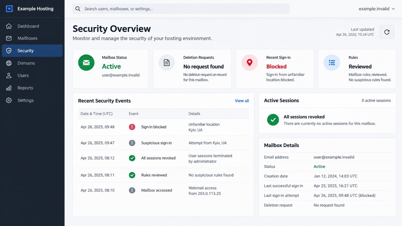Hosting security dashboard confirming no mailbox deletion request exists