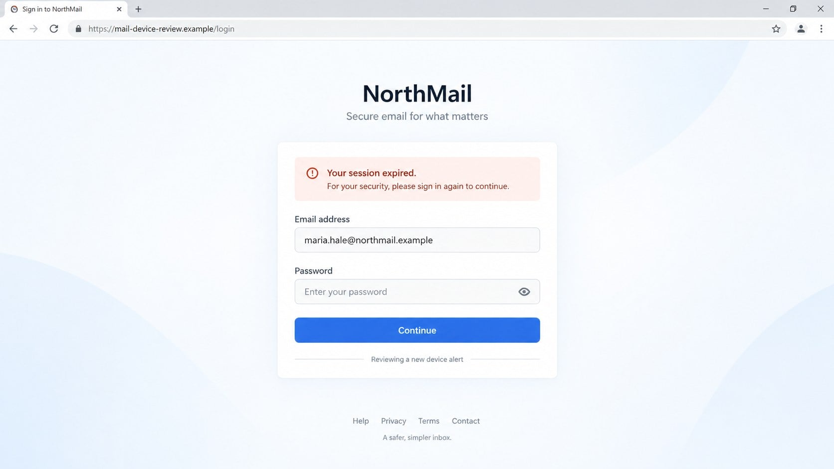Fake NorthMail login page opened by an untrusted device alert