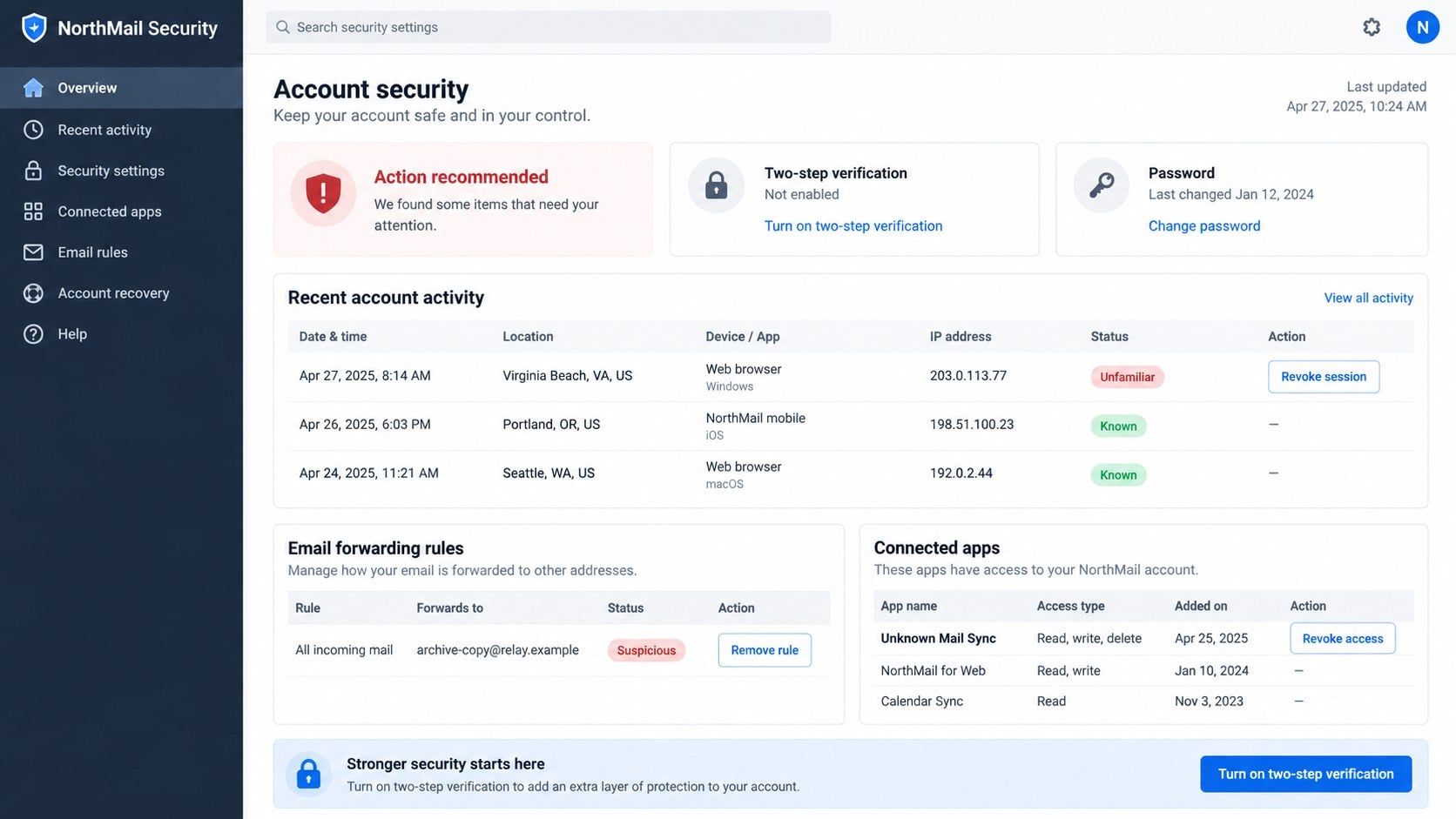 Email account security dashboard showing suspicious access and forwarding