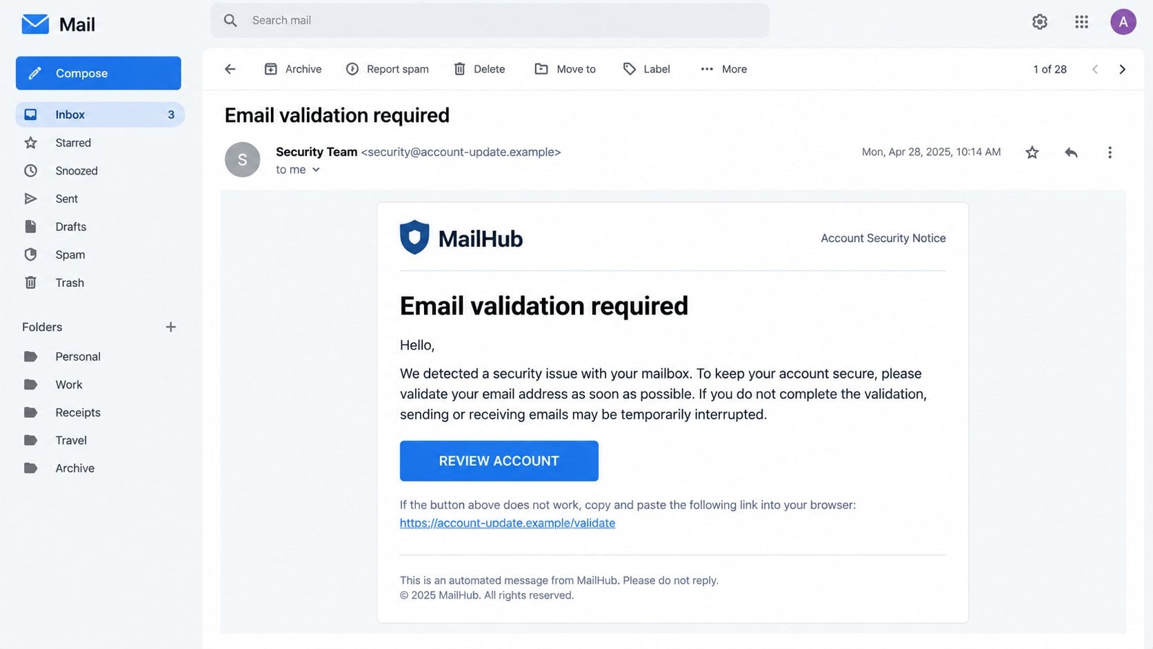 Illustrative Email Validation Required phishing message