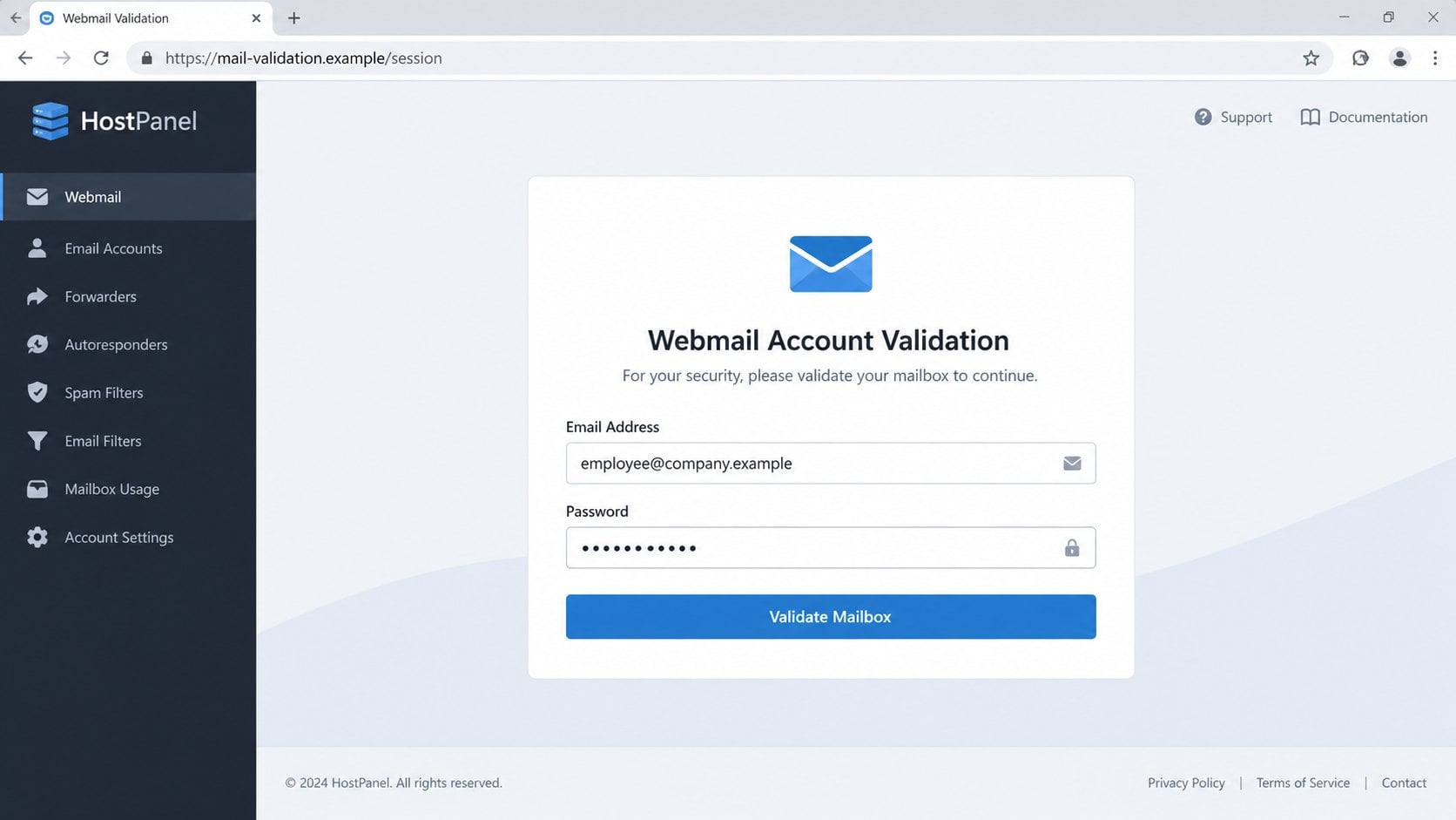 Illustrative counterfeit webmail account validation page on a fictional domain