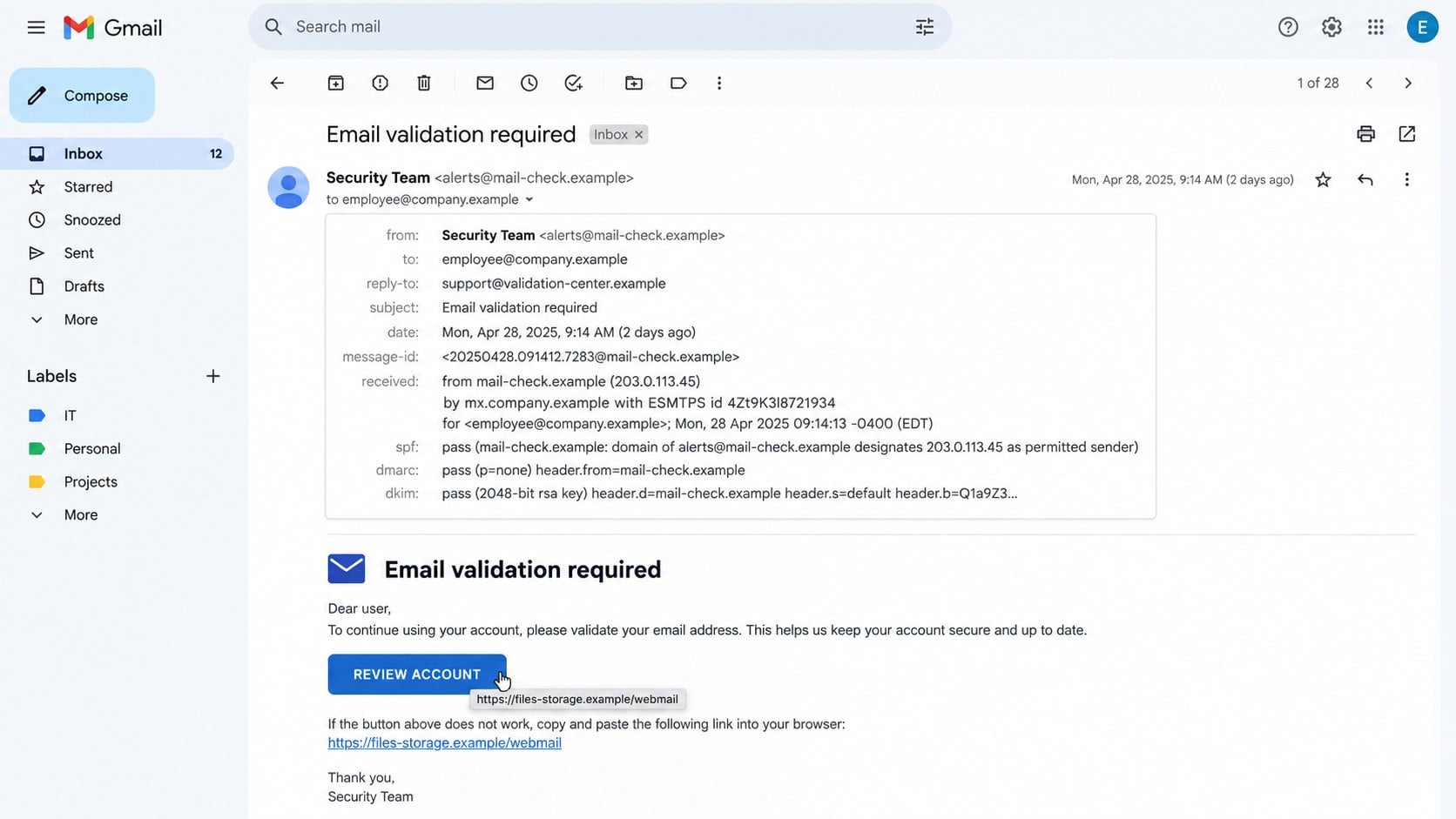 Illustrative expanded validation email headers and unrelated fictional link