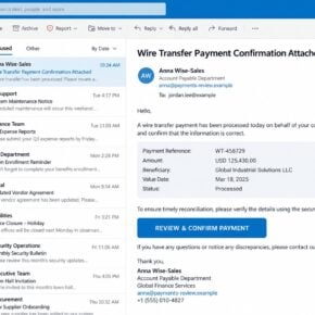 Illustrative wire transfer payment confirmation email with a review button