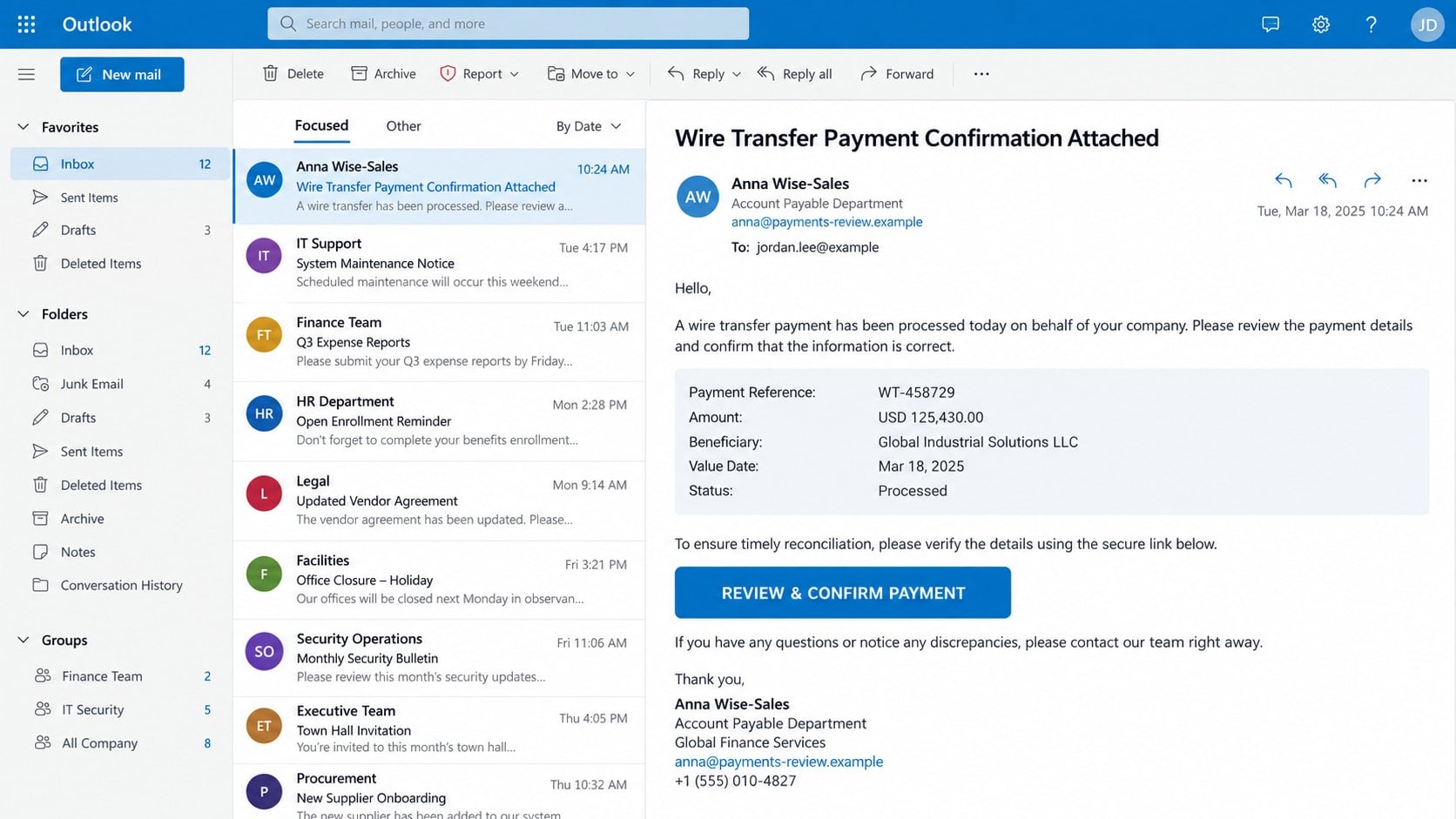 Illustrative wire transfer payment confirmation email with a review button
