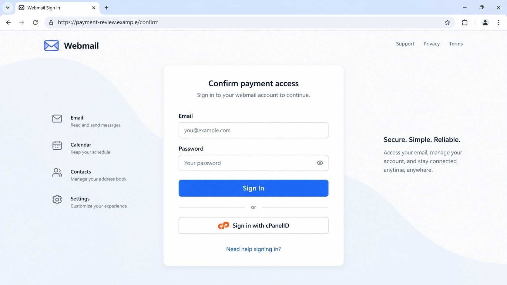 Illustrative generic webmail sign-in page reached from a payment confirmation