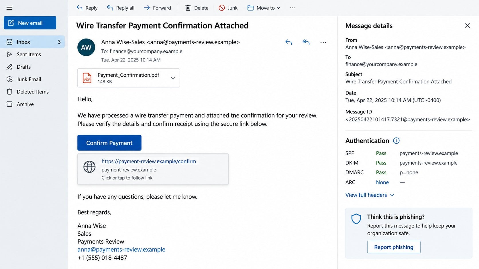 Illustrative expanded wire-transfer email showing a fictional unrelated link destination