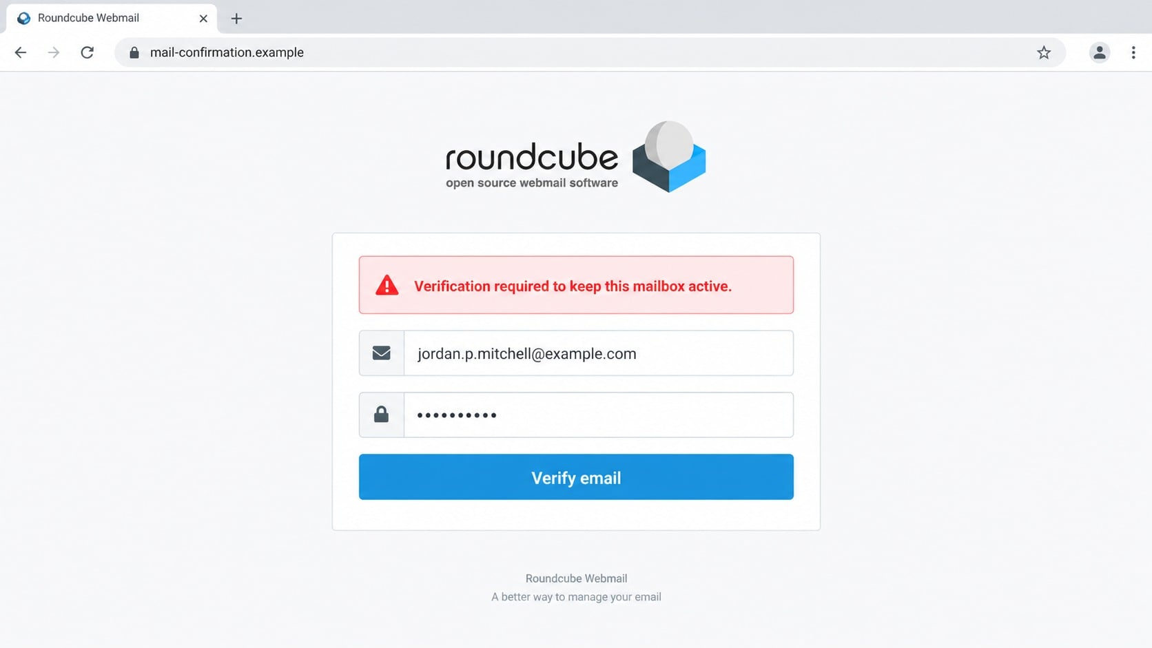 Counterfeit Roundcube login page used for mailbox verification phishing