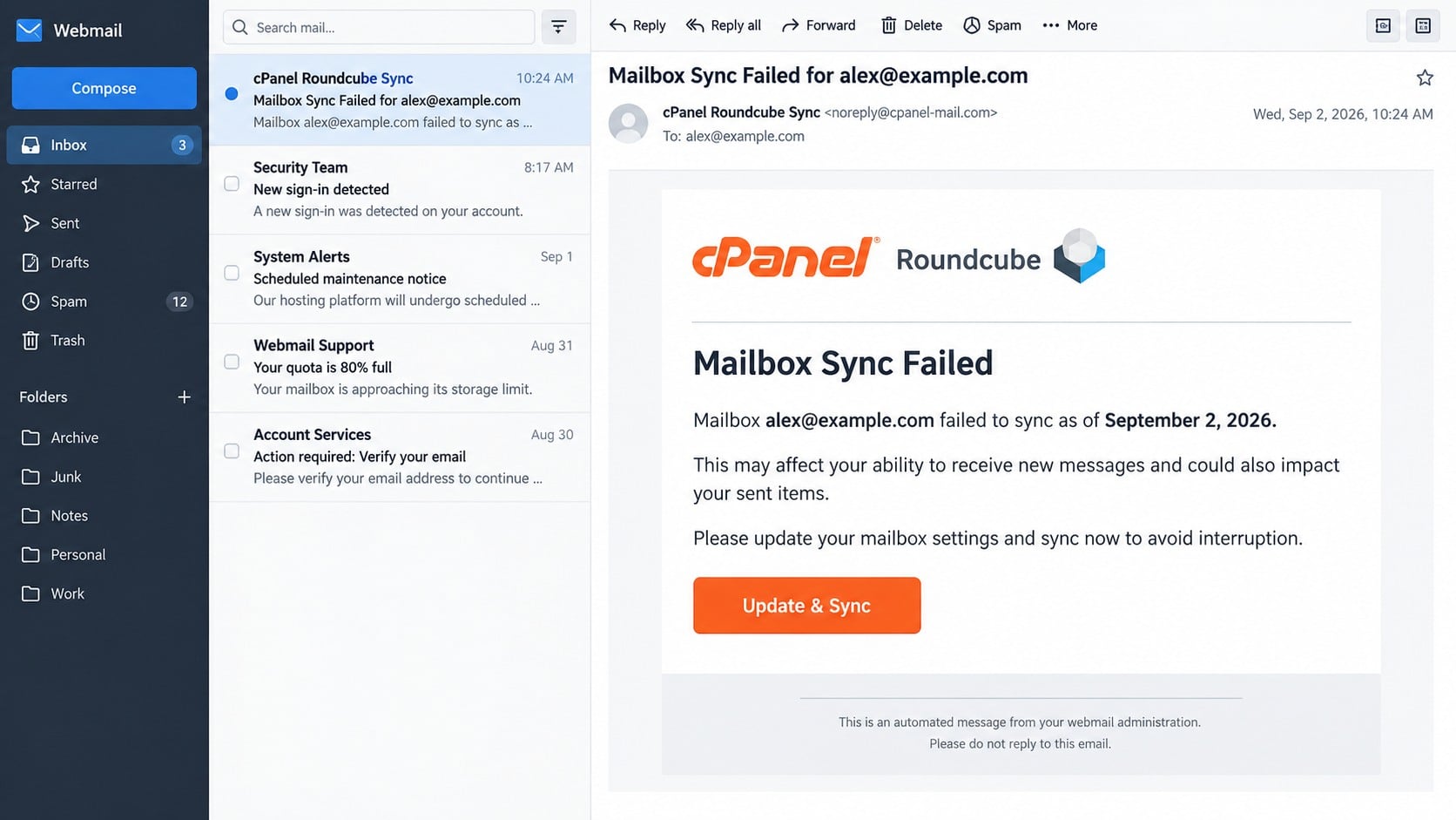 Fake cPanel Roundcube mailbox update and sync email in a webmail inbox