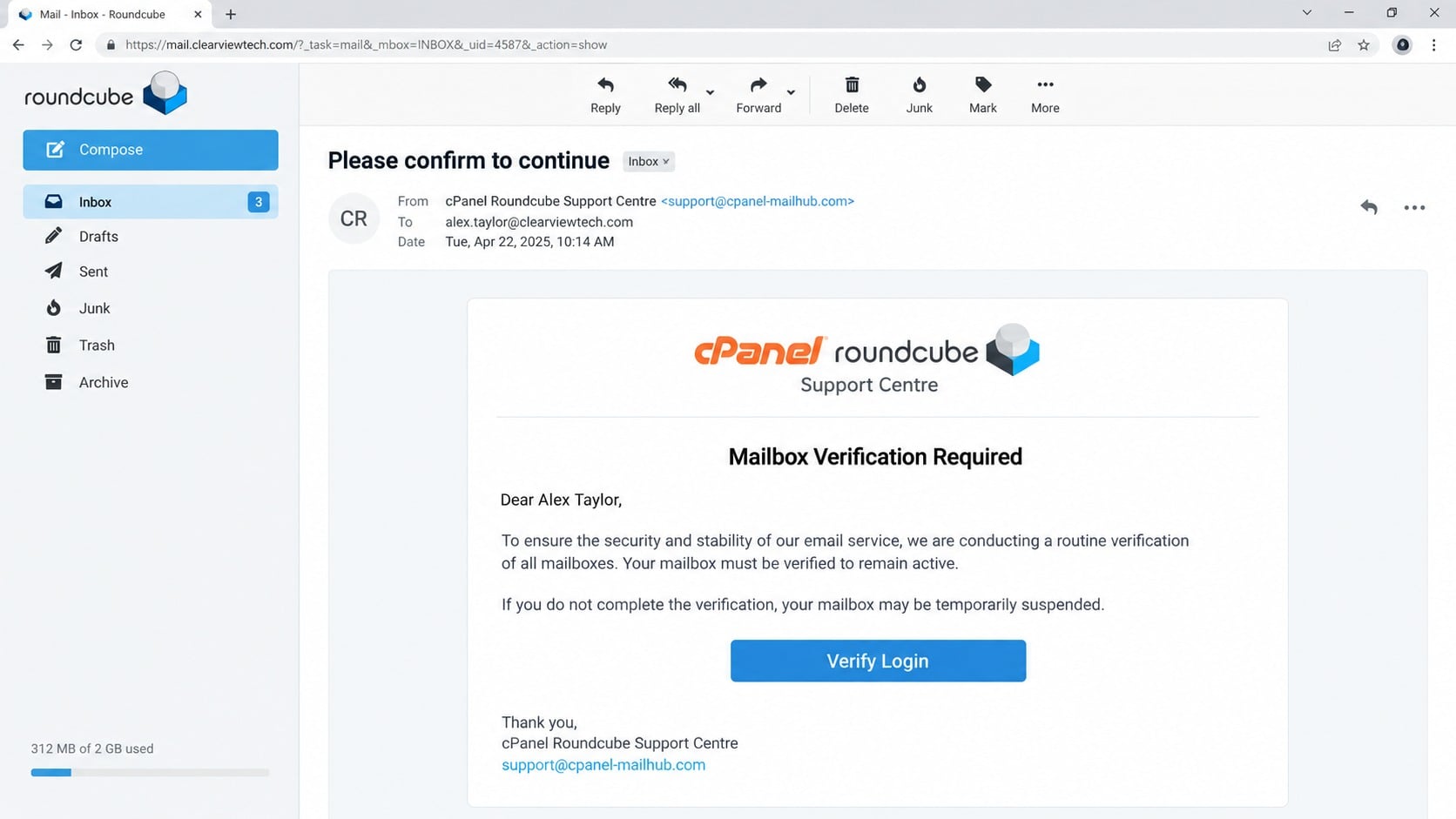 cPanel Roundcube mailbox verification phishing email