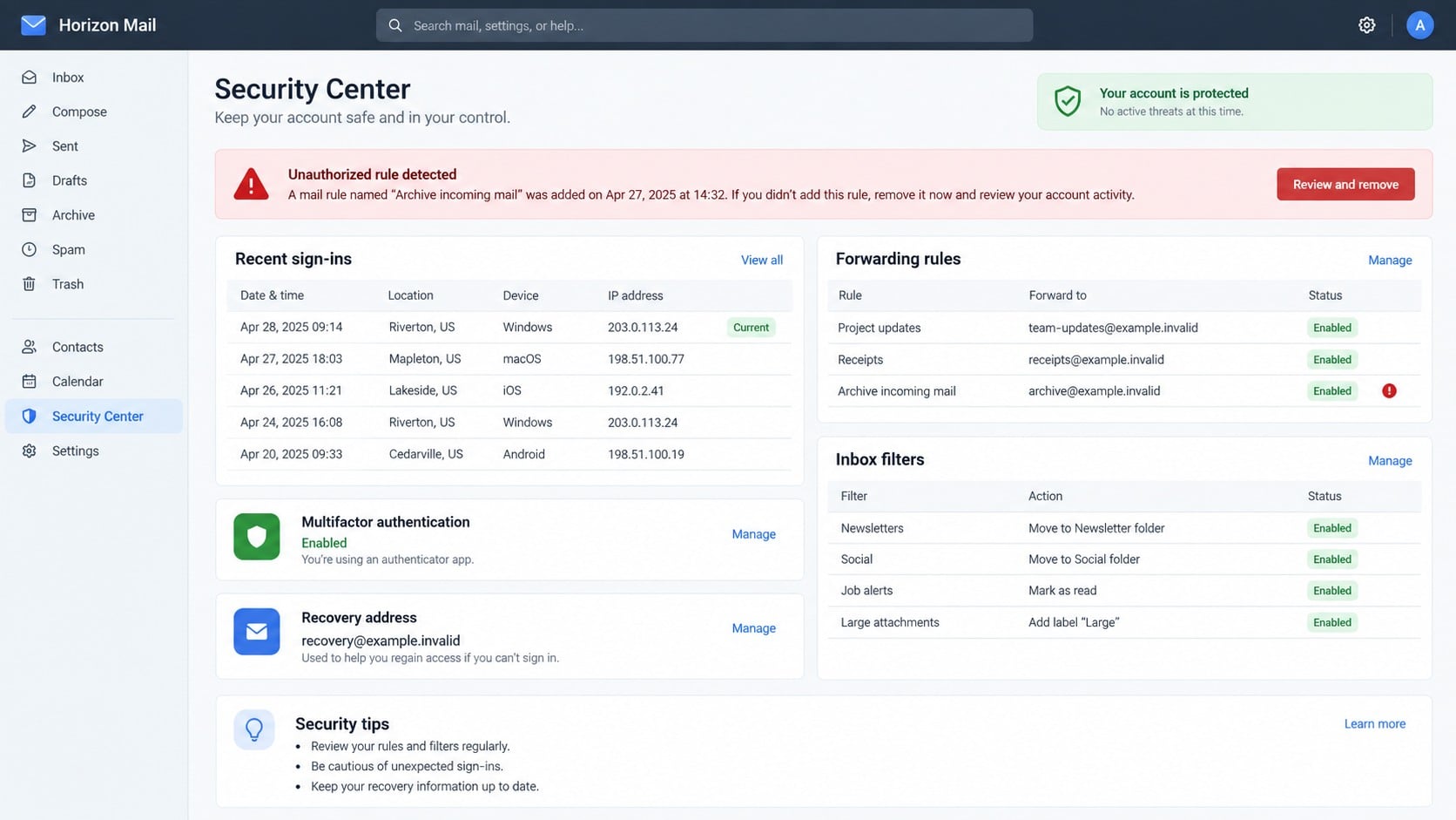 Webmail security center displaying an unauthorized forwarding rule