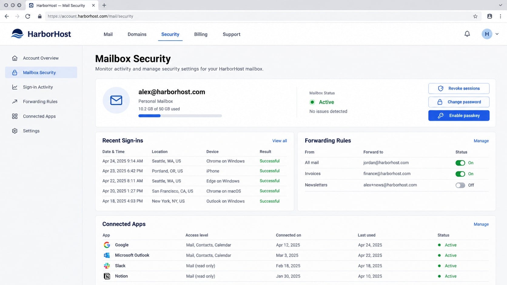 Hosting account security dashboard showing suspicious administrative changes