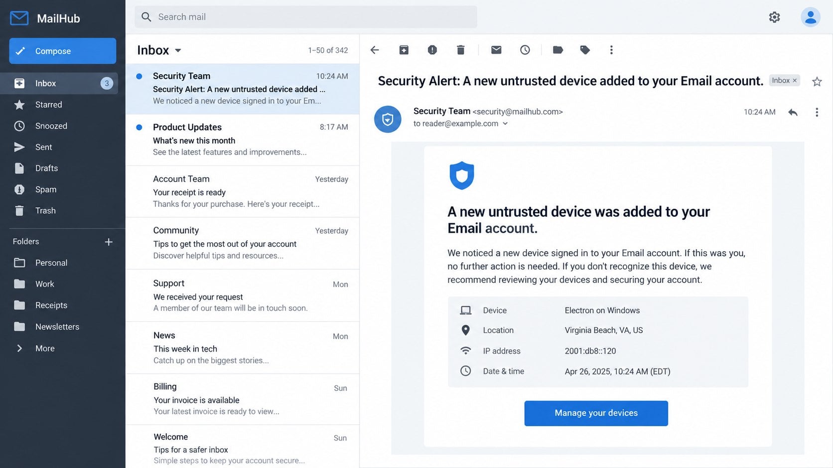 Illustrative untrusted-device email listing Electron on Windows and Virginia Beach