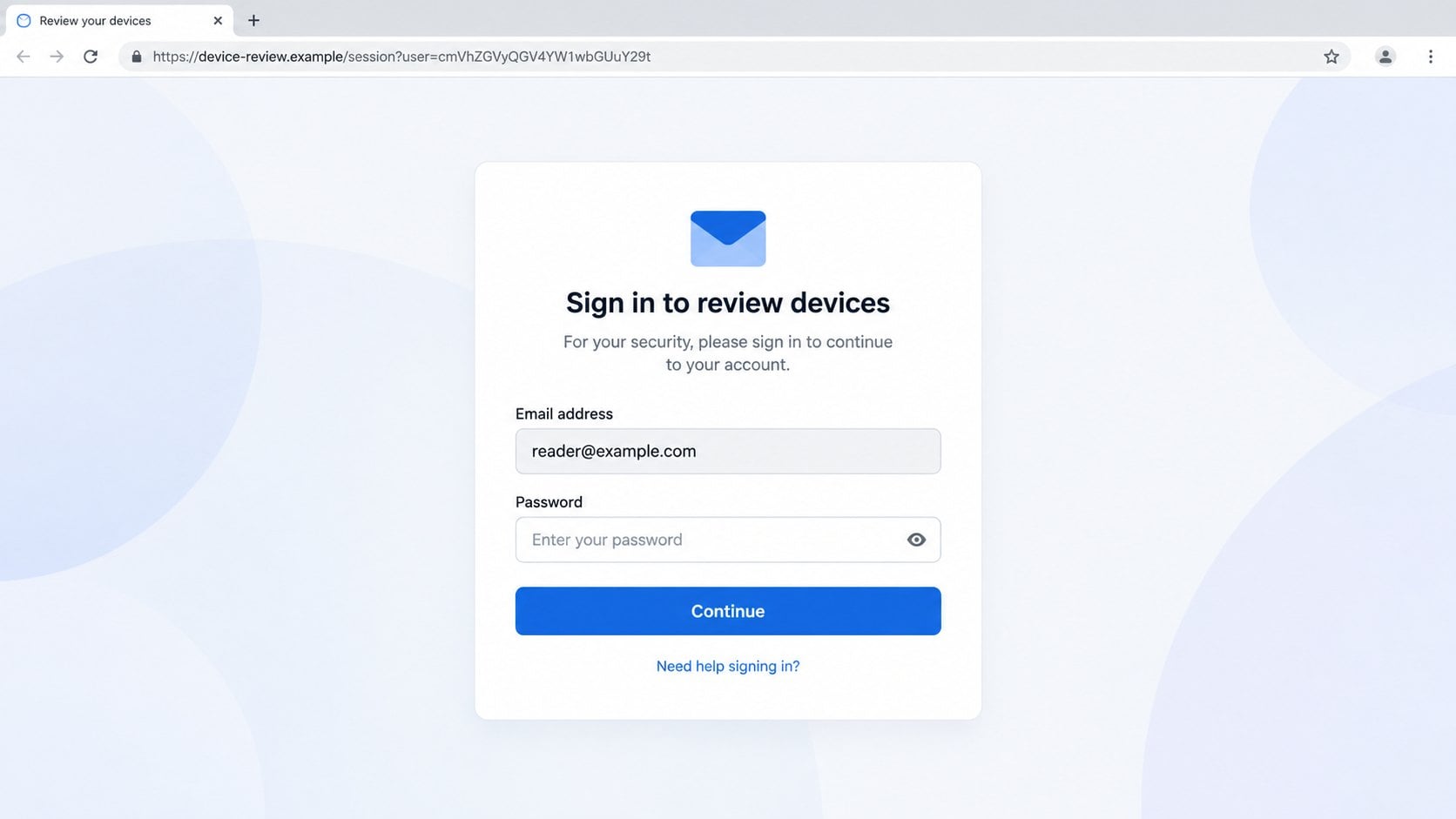 Illustrative provider-adaptive sign-in page for reviewing devices on a fictional domain