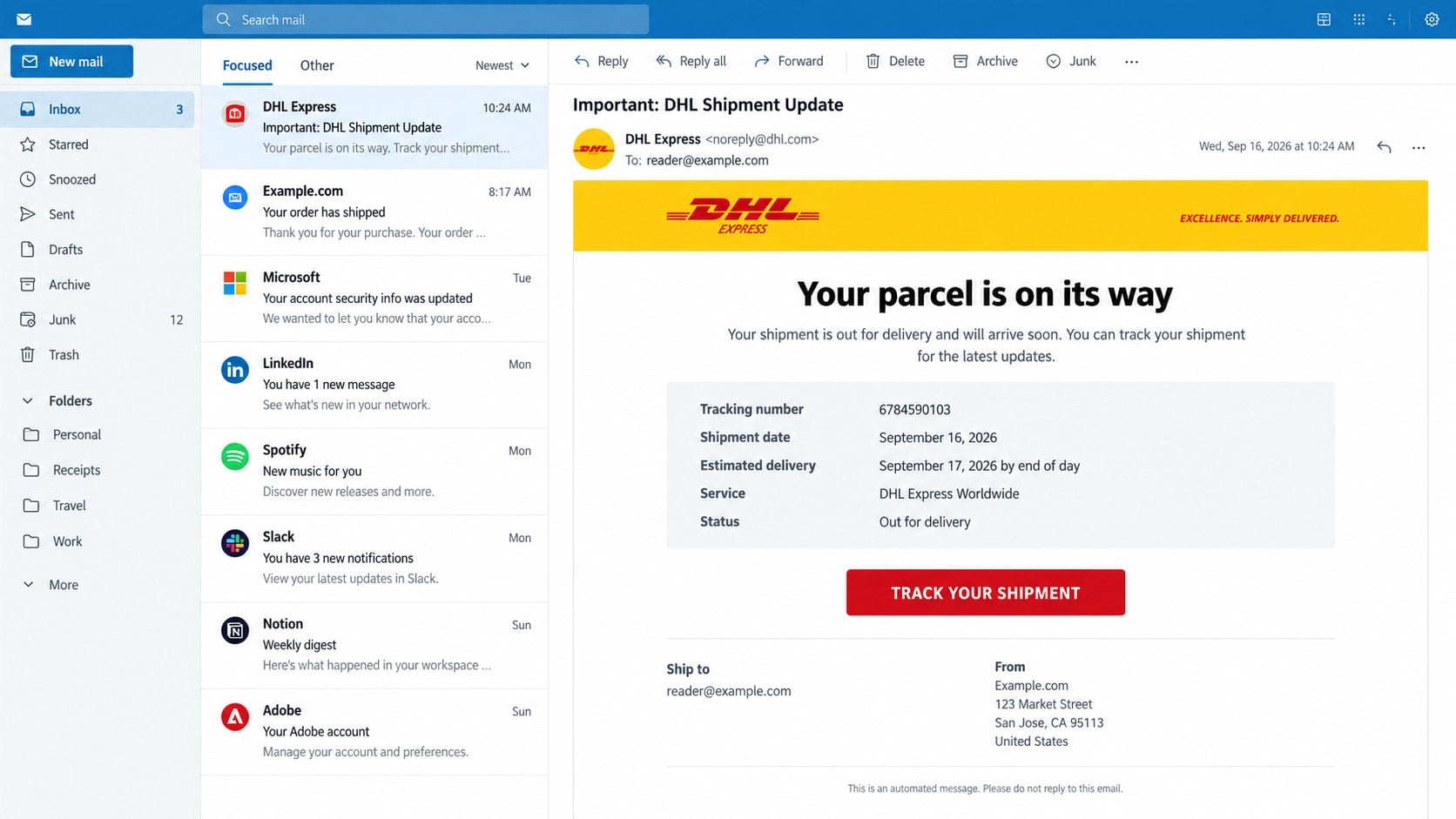 Illustrative DHL Express parcel is on its way email with shipment details