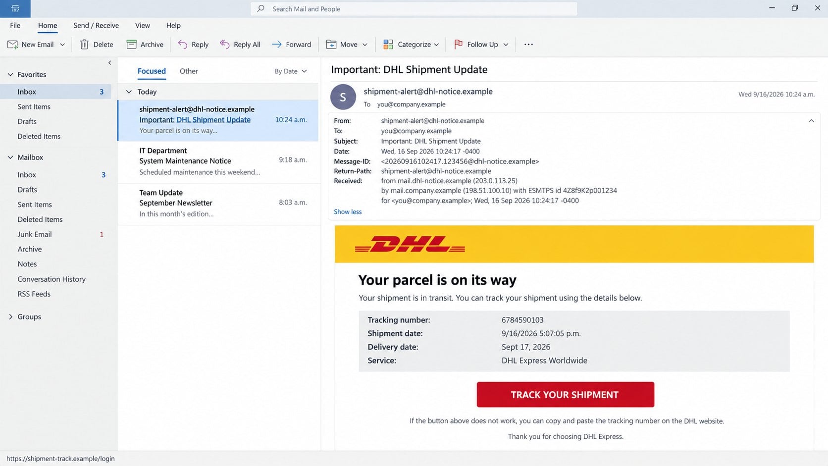 Illustrative DHL shipment email details showing a fictional Webmail link destination