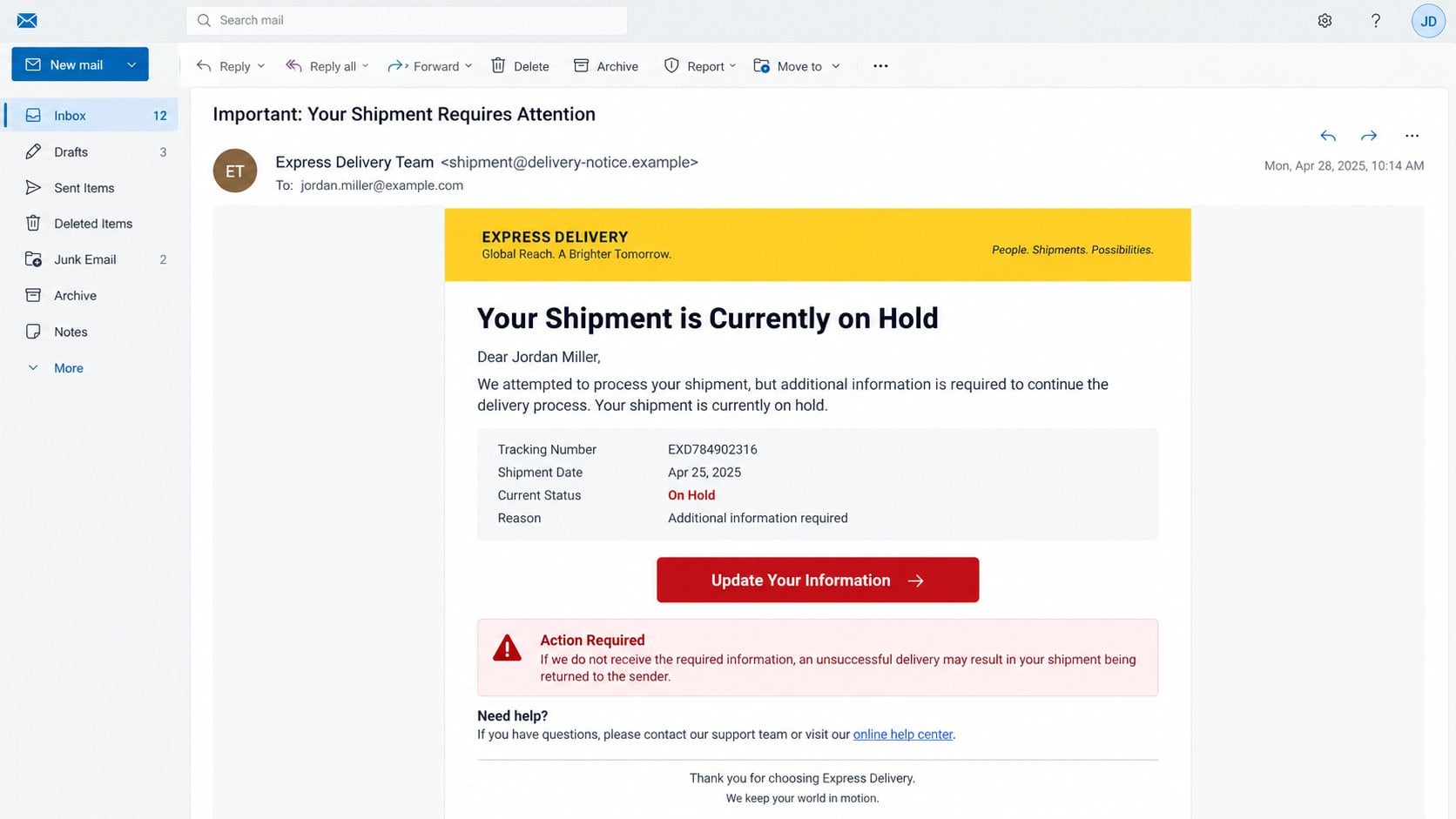 Illustrative Express Delivery shipment on hold phishing email