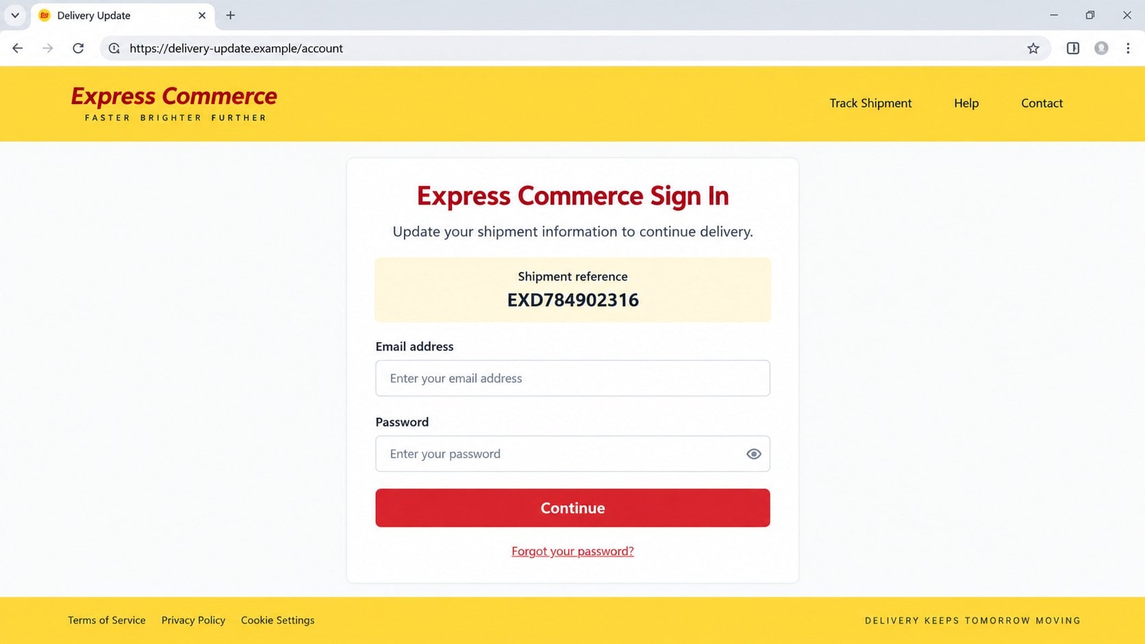 Illustrative fake Express Commerce email sign-in page on a fictional delivery domain
