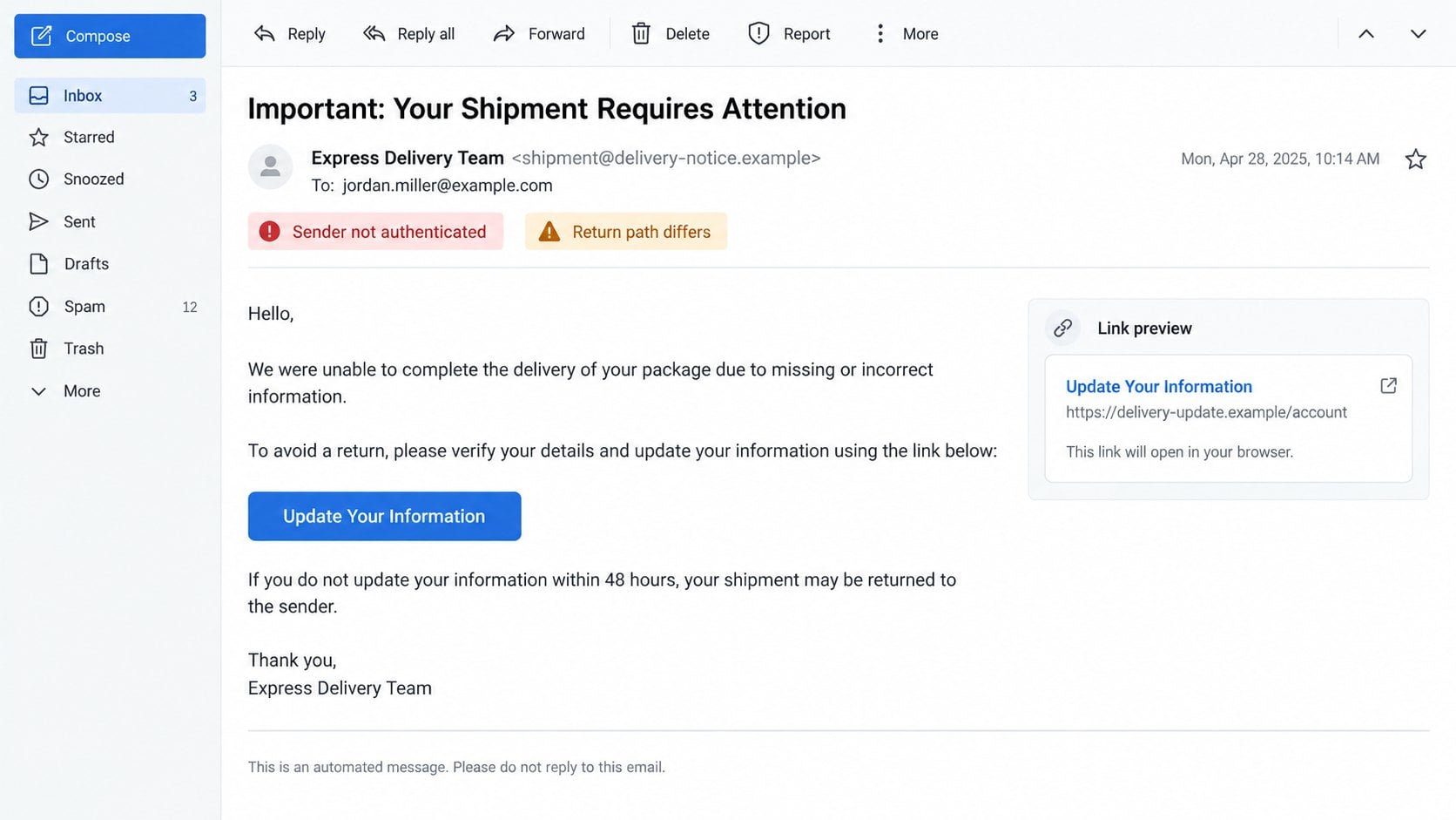 Illustrative expanded delivery email exposing an unauthenticated sender and fictional link