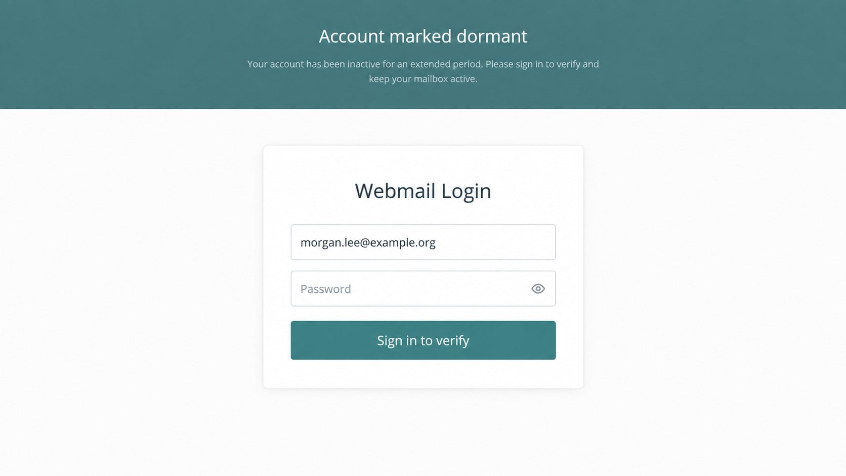 Counterfeit webmail login page claiming an email account is dormant