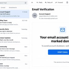 Dormant email account phishing notice with a Verify Email button