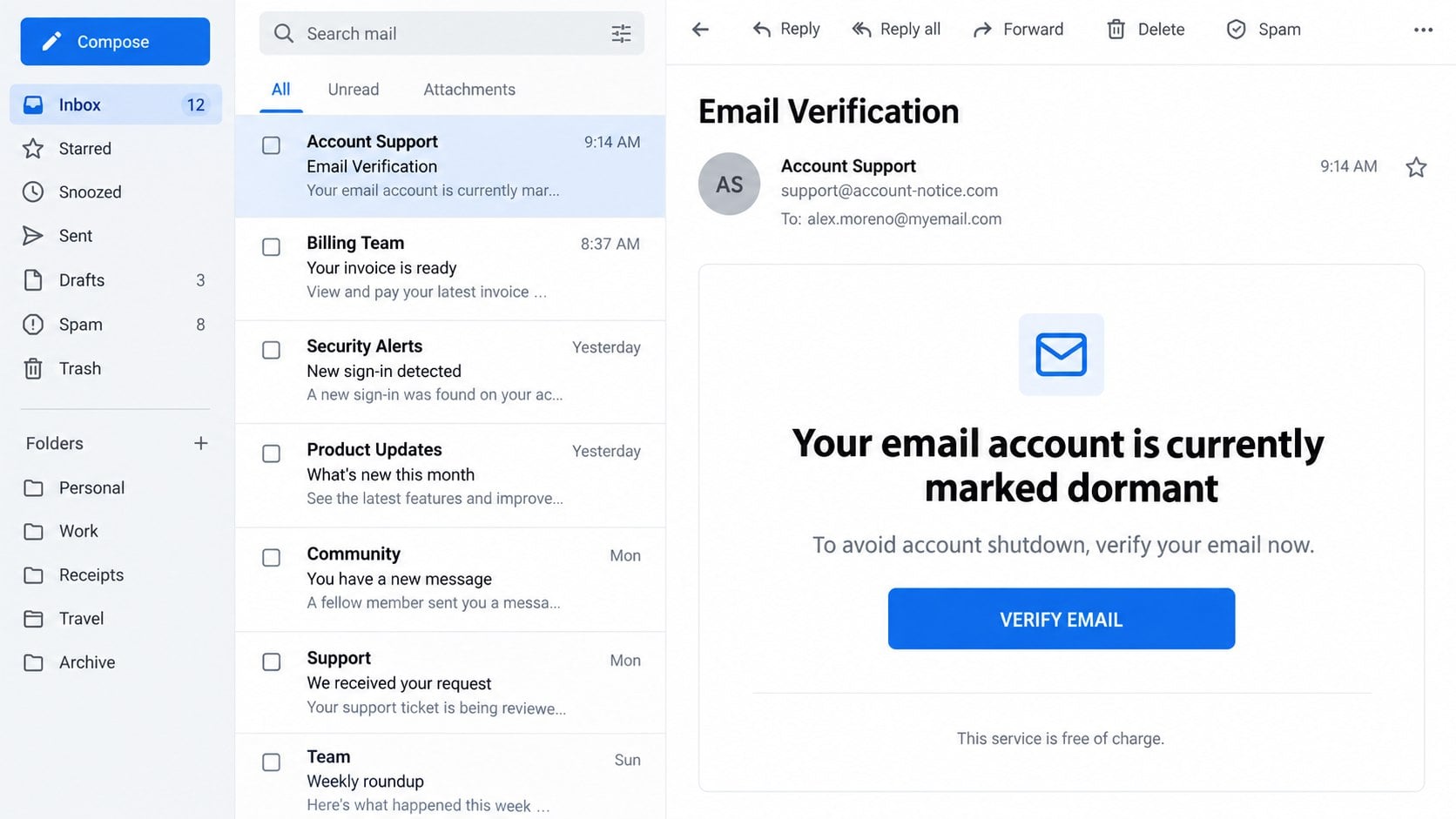 Dormant email account phishing notice with a Verify Email button