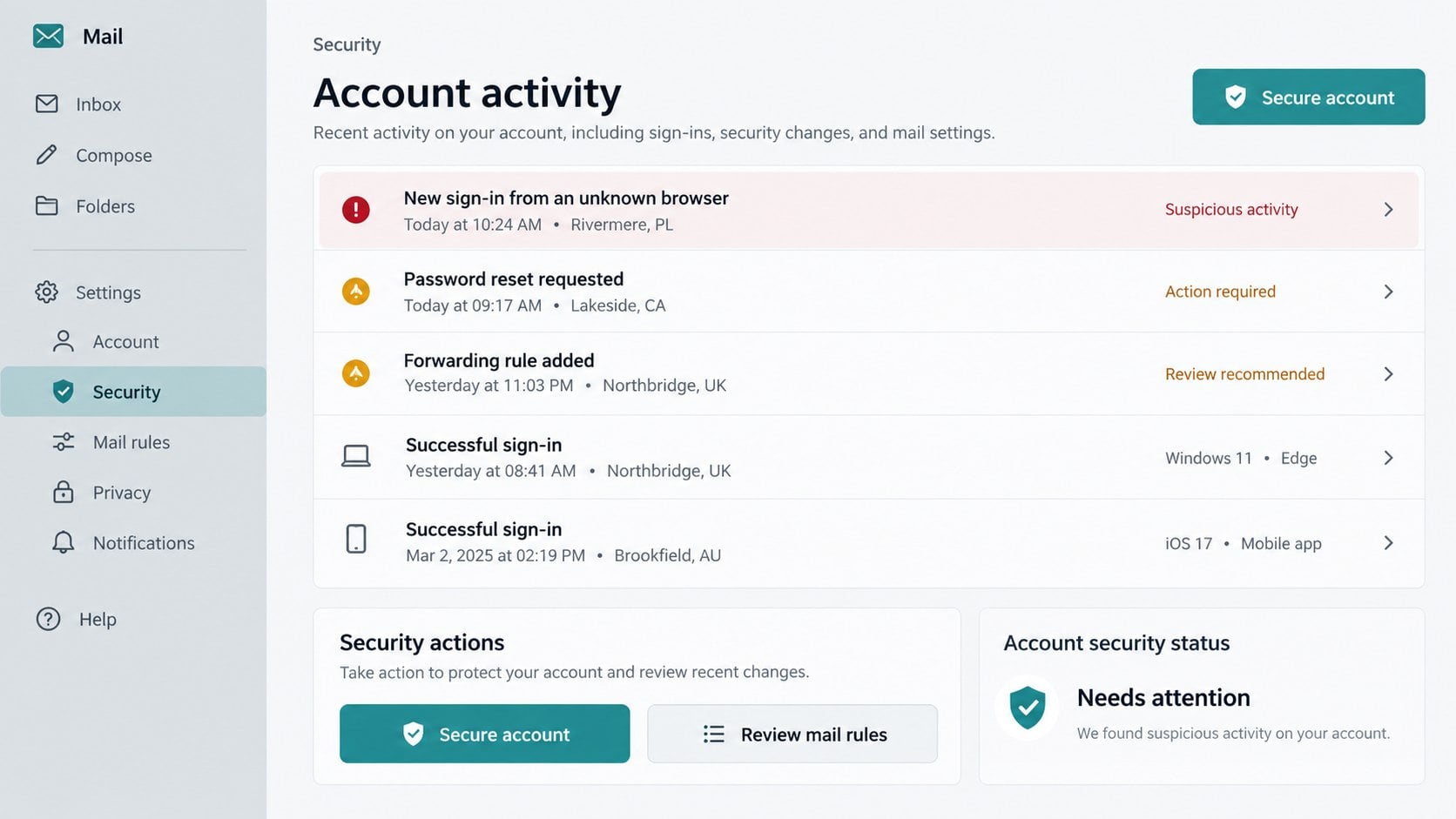 Email security activity showing an unknown sign-in and forwarding rule