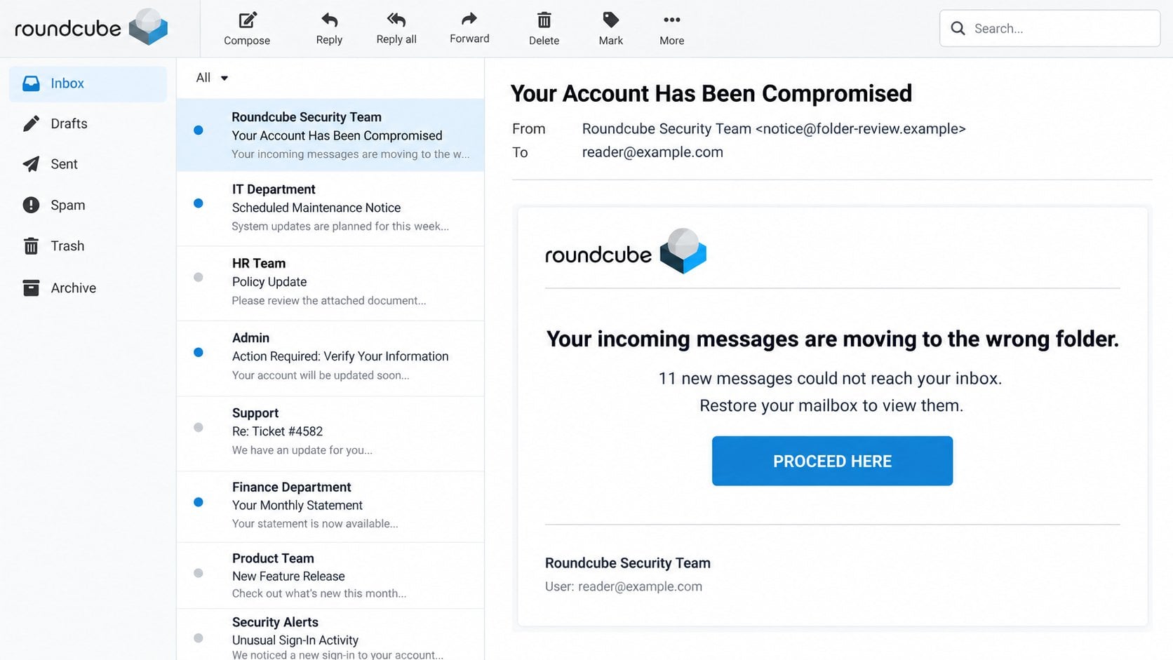 Illustrative Roundcube wrong-folder email warning about 11 incoming messages