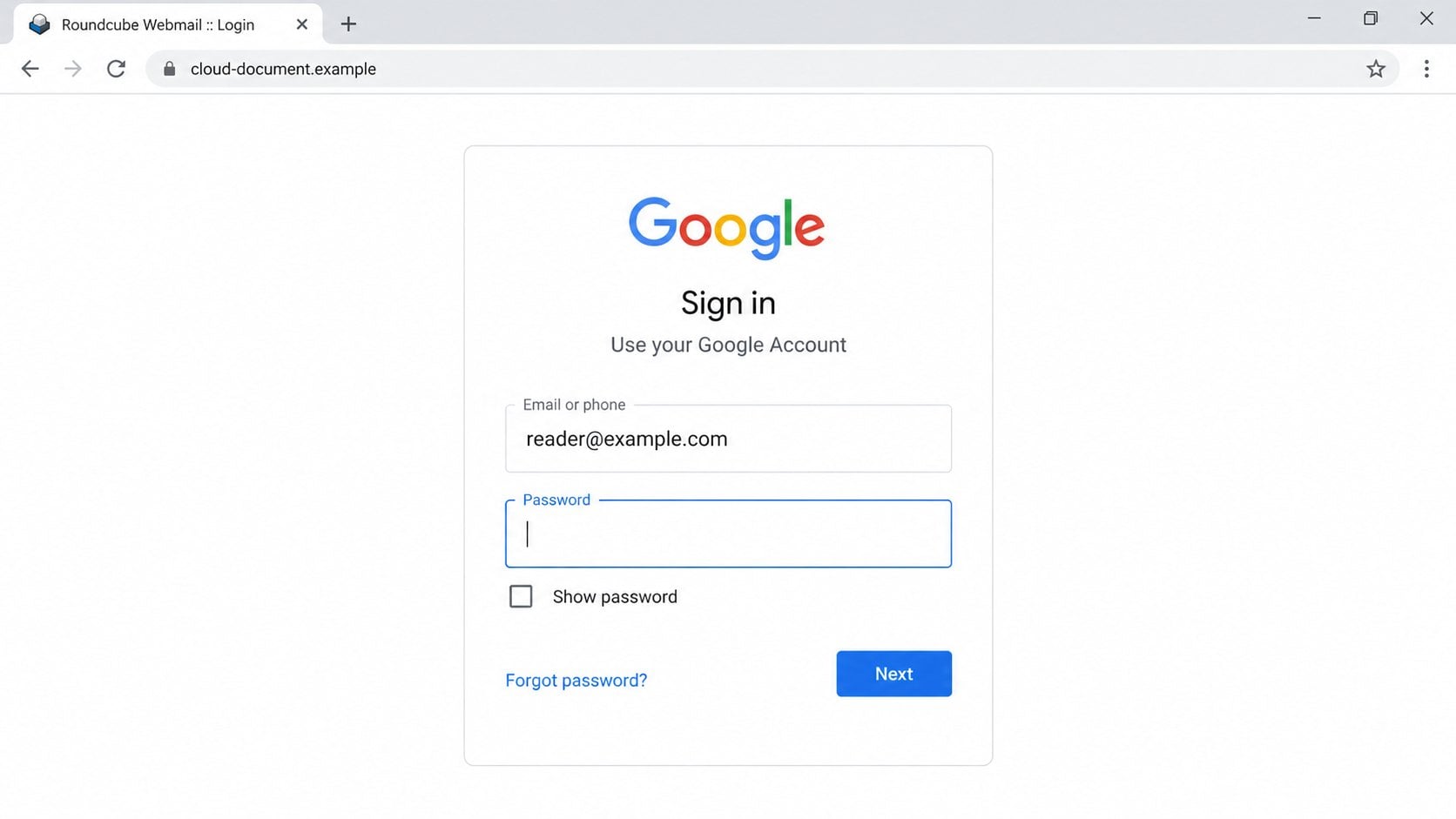 Illustrative browser mismatch between a Roundcube tab and a Google-style sign-in page