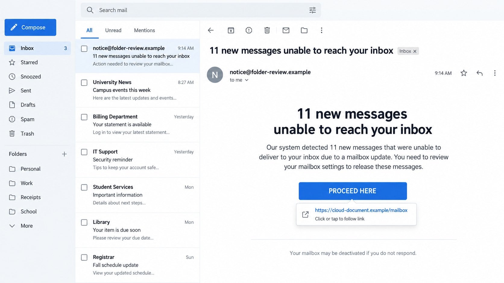 Illustrative wrong-folder warning with a fictional repair-link preview