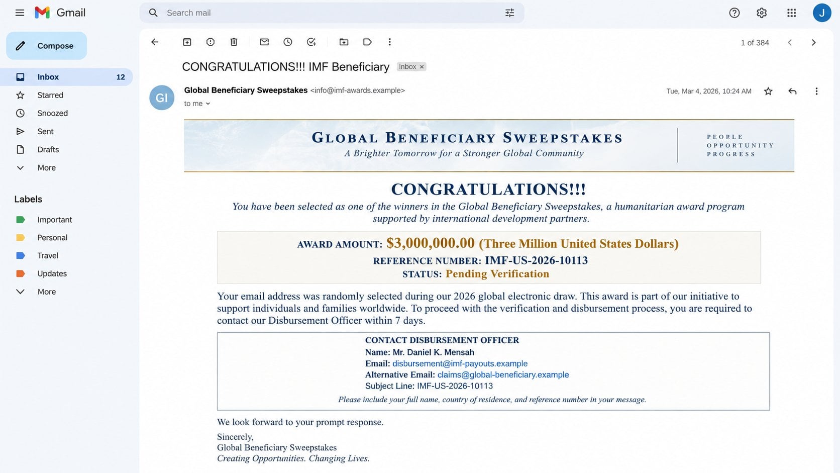 Illustrative IMF Global Beneficiary Sweepstakes prize email