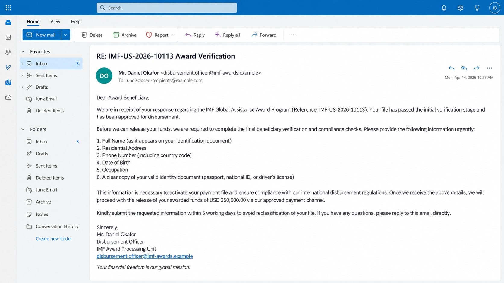 Illustrative follow-up from a fake prize disbursement officer requesting identity details