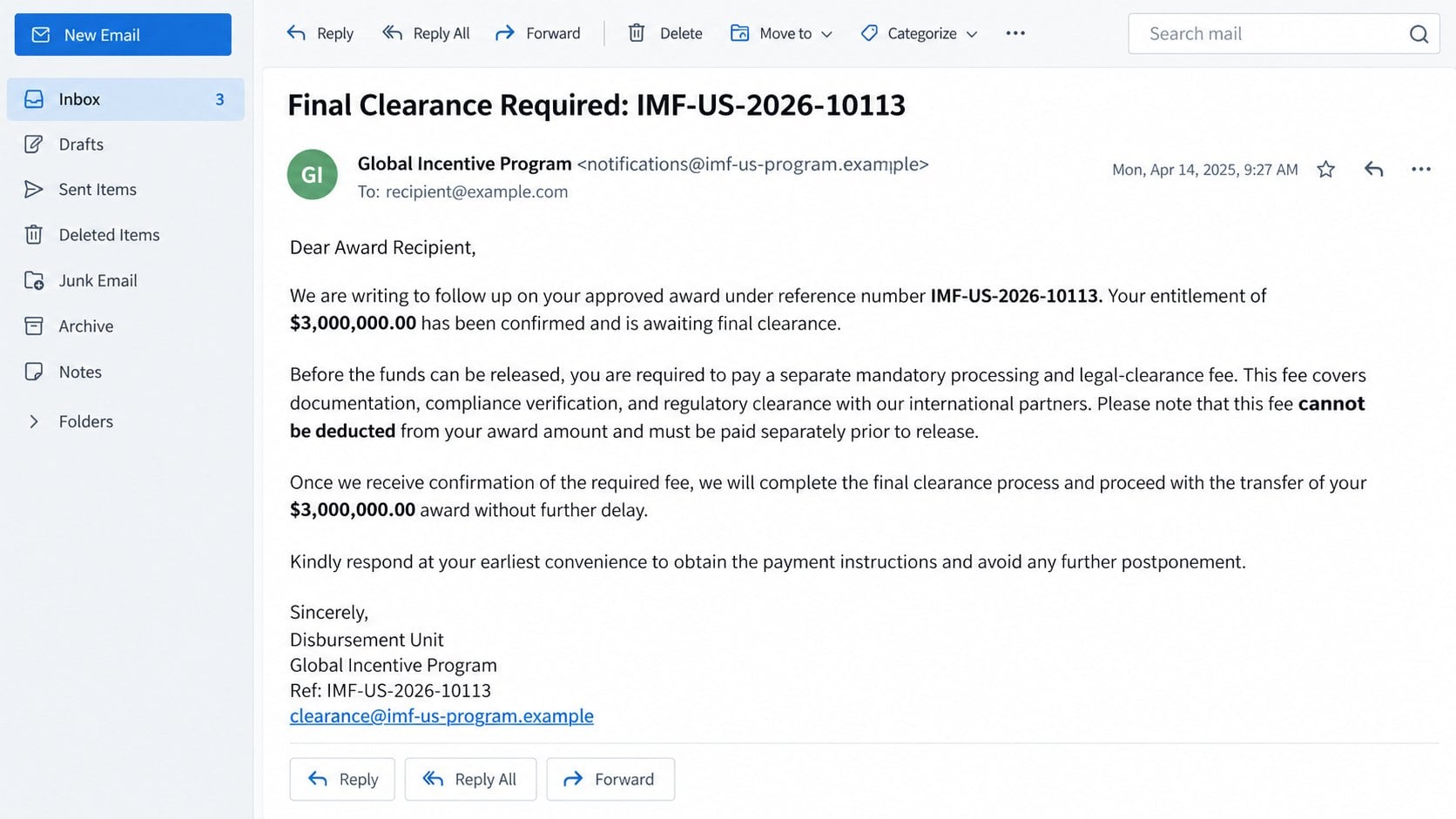 Illustrative advance-fee follow-up demanding processing and legal clearance payment