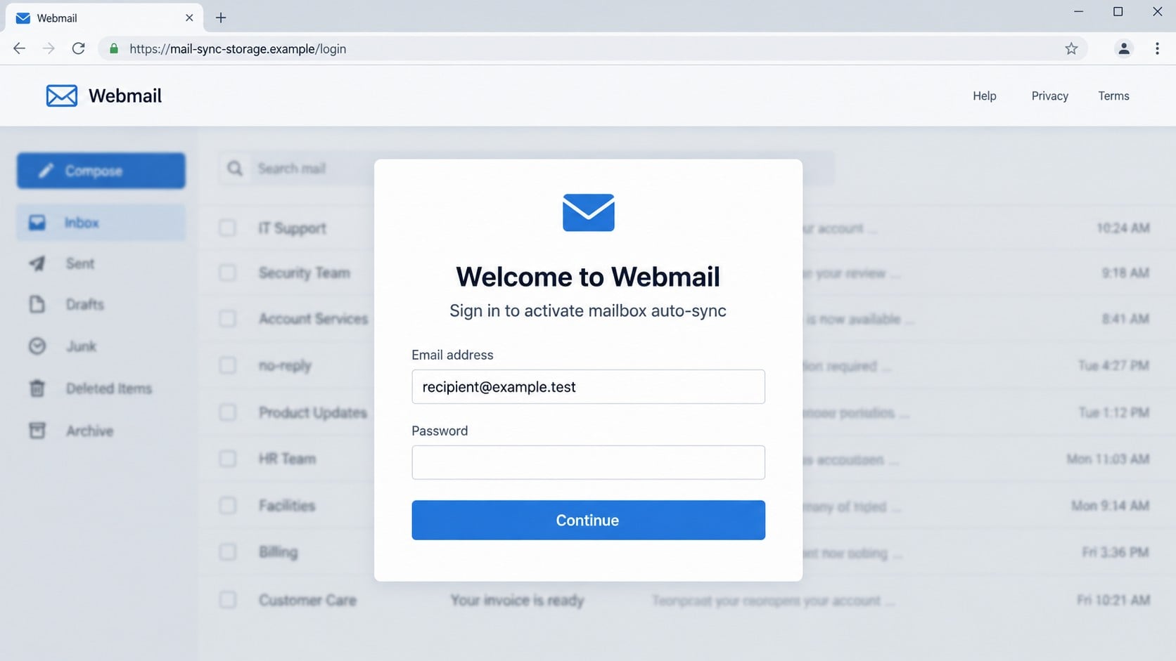 Counterfeit webmail page requesting a password to activate mailbox auto-sync