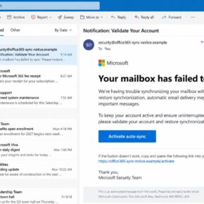 Office 365 mailbox failed to sync phishing email with an activate auto-sync button