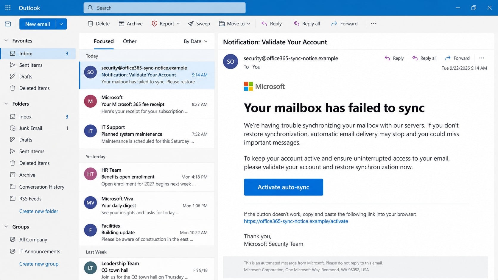 Office 365 mailbox failed to sync phishing email with an activate auto-sync button
