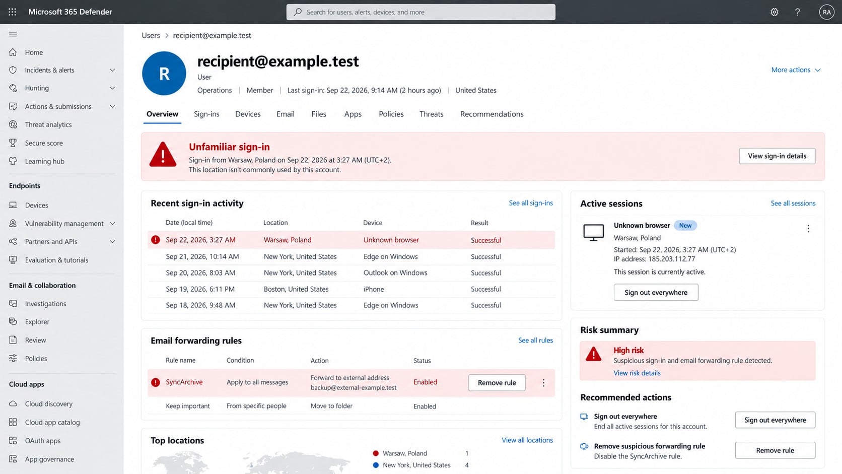 Microsoft 365 security dashboard showing an unfamiliar sign-in and malicious forwarding rule