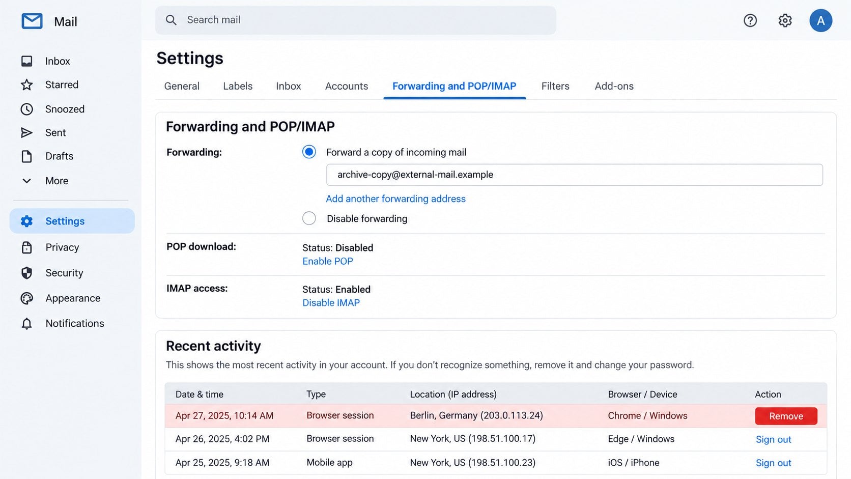 Illustrative mailbox forwarding rule and unfamiliar session after phishing