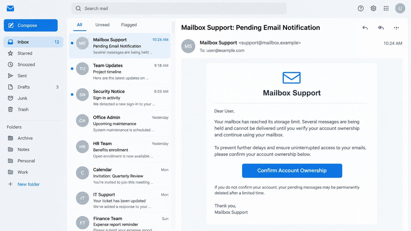 Illustrative Account Ownership Confirmation email about pending messages