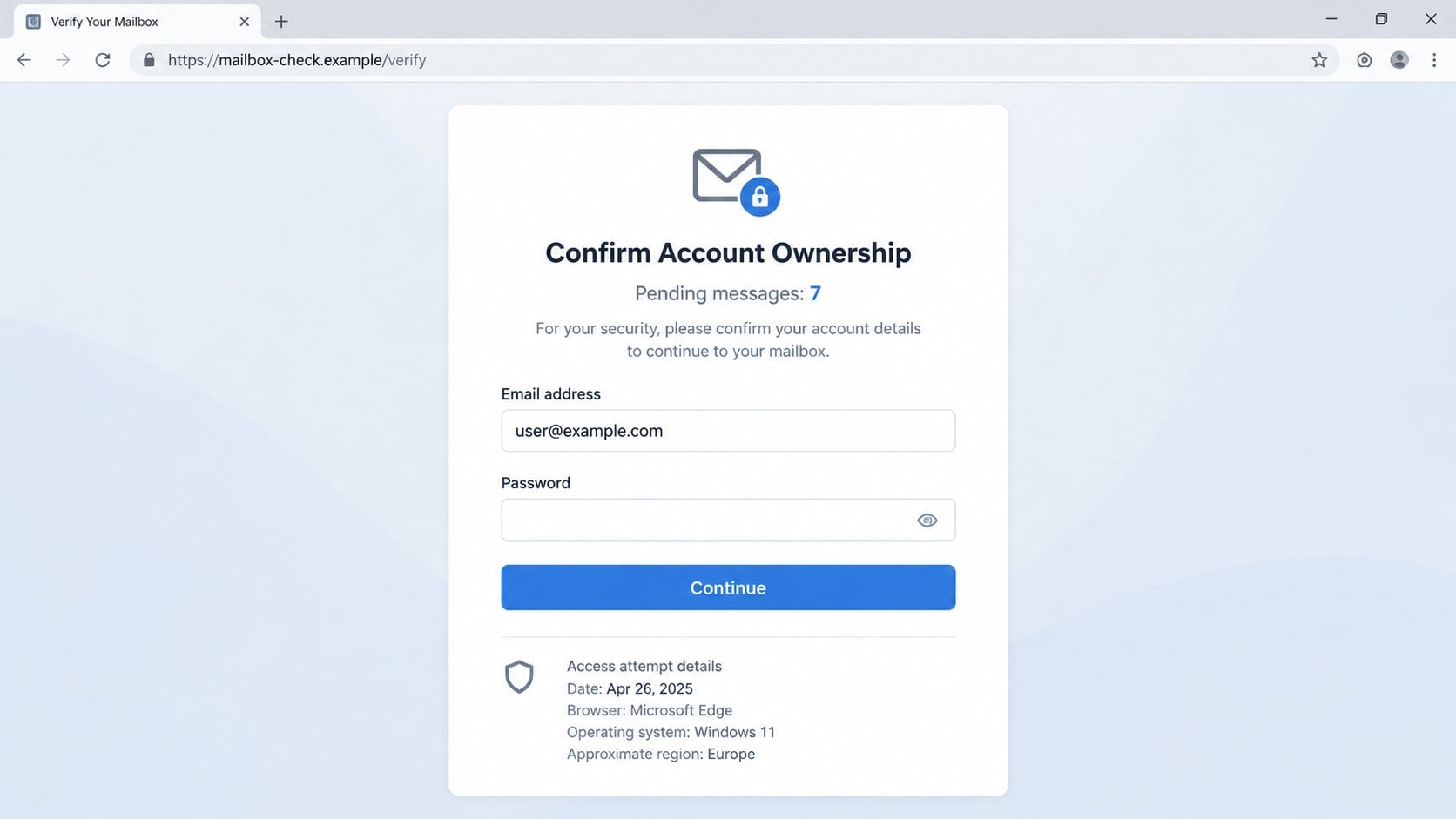 Illustrative fake account ownership confirmation login page